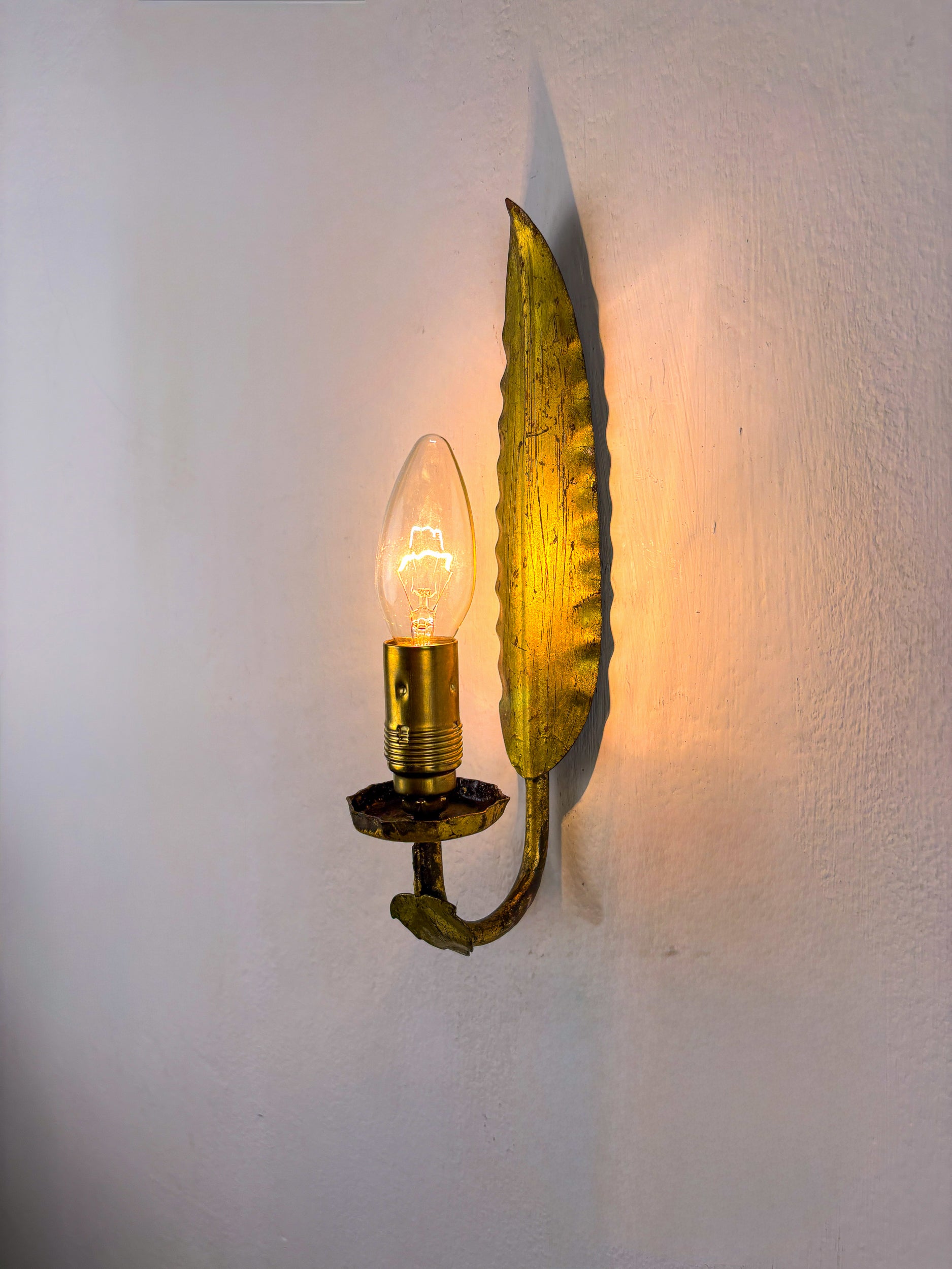Pair of Spanish Foliage Wall Sconces, Leaf Arms & Bud Shades, Gilt Iron, 1970's