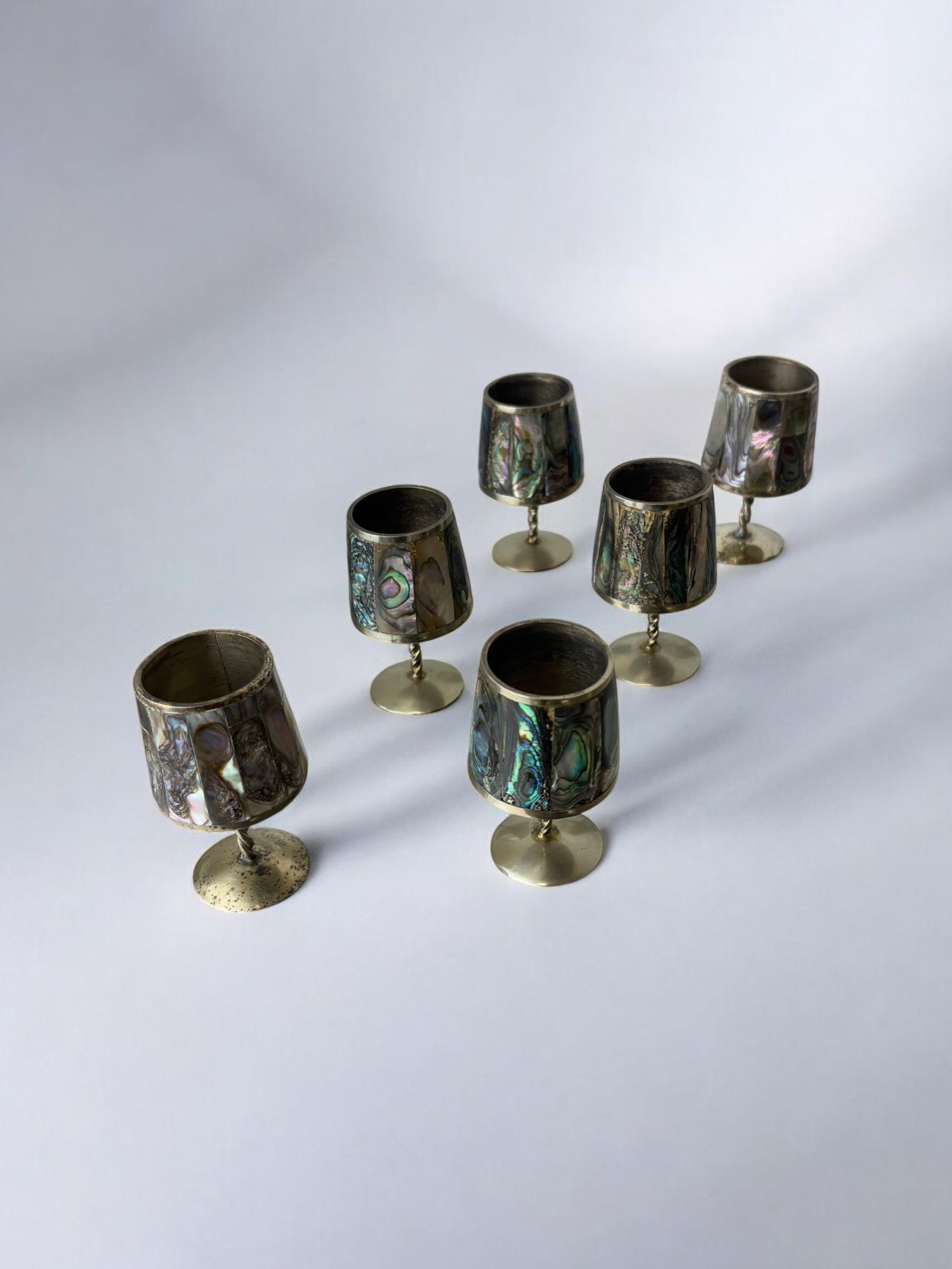 Abalone Shell & Alpaca Shot Glasses, set of 6,  Mexico, 1970's