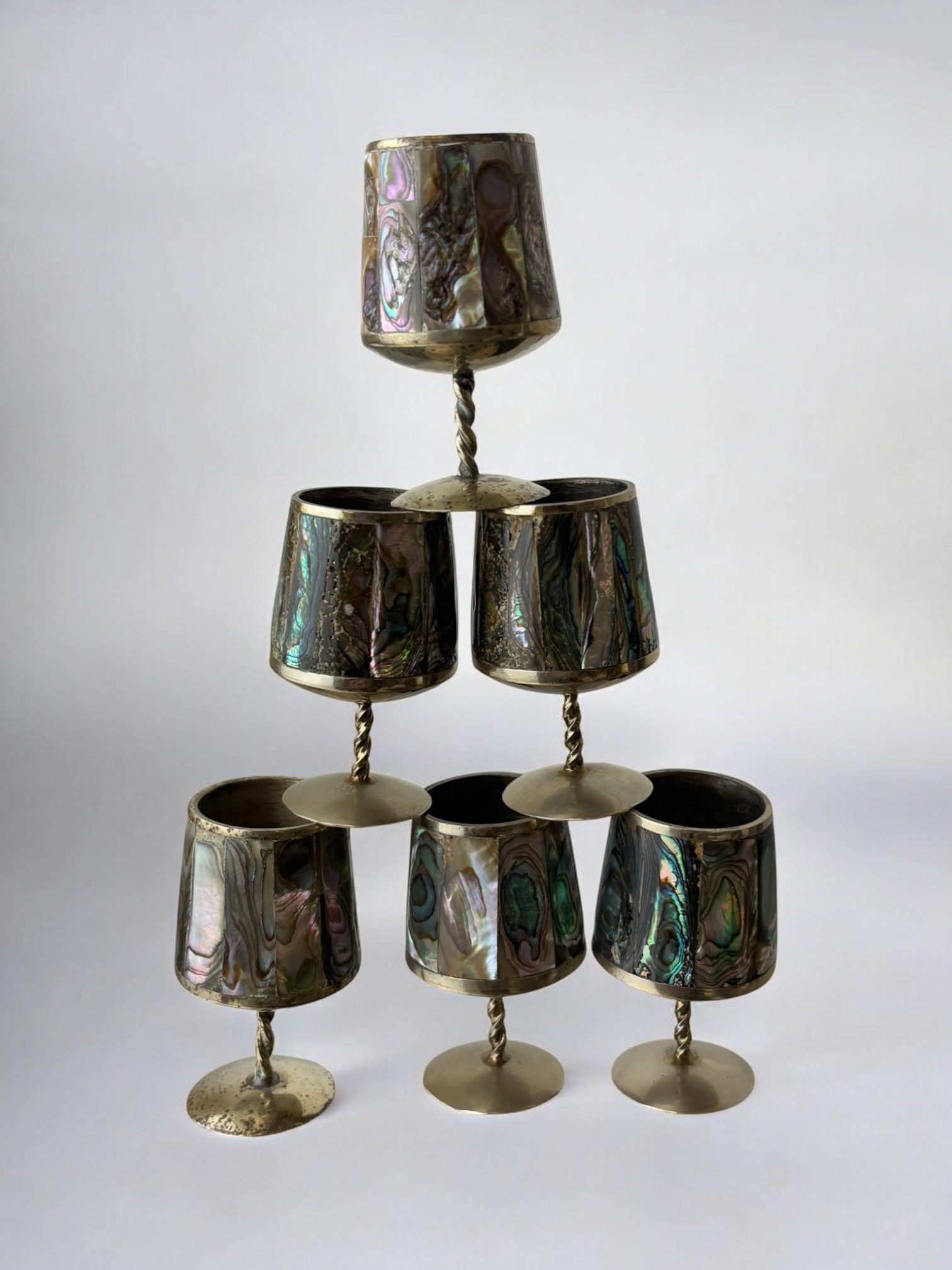 Abalone Shell & Alpaca Shot Glasses, set of 6,  Mexico, 1970's