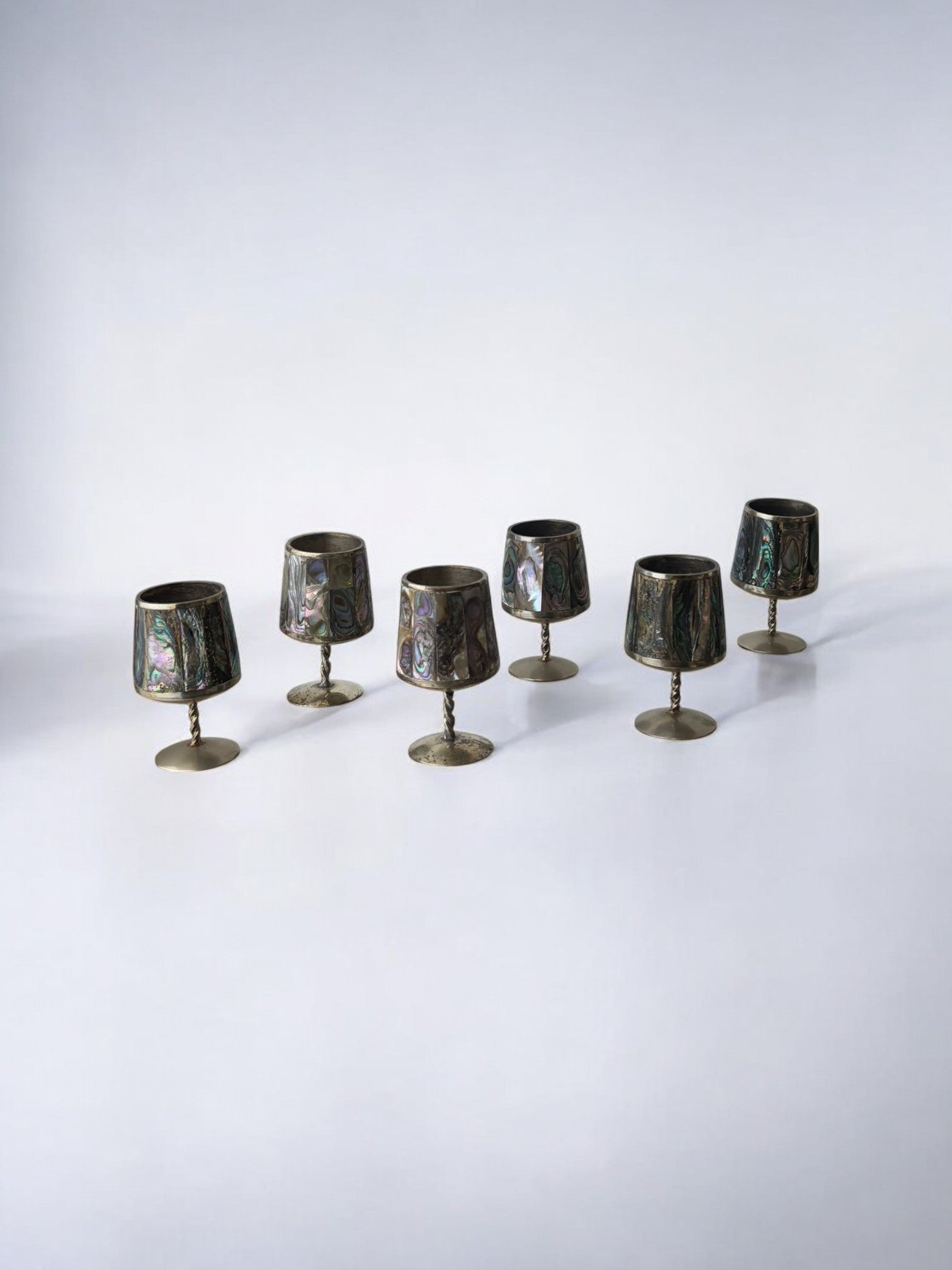 Abalone Shell & Alpaca Shot Glasses, set of 6,  Mexico, 1970's