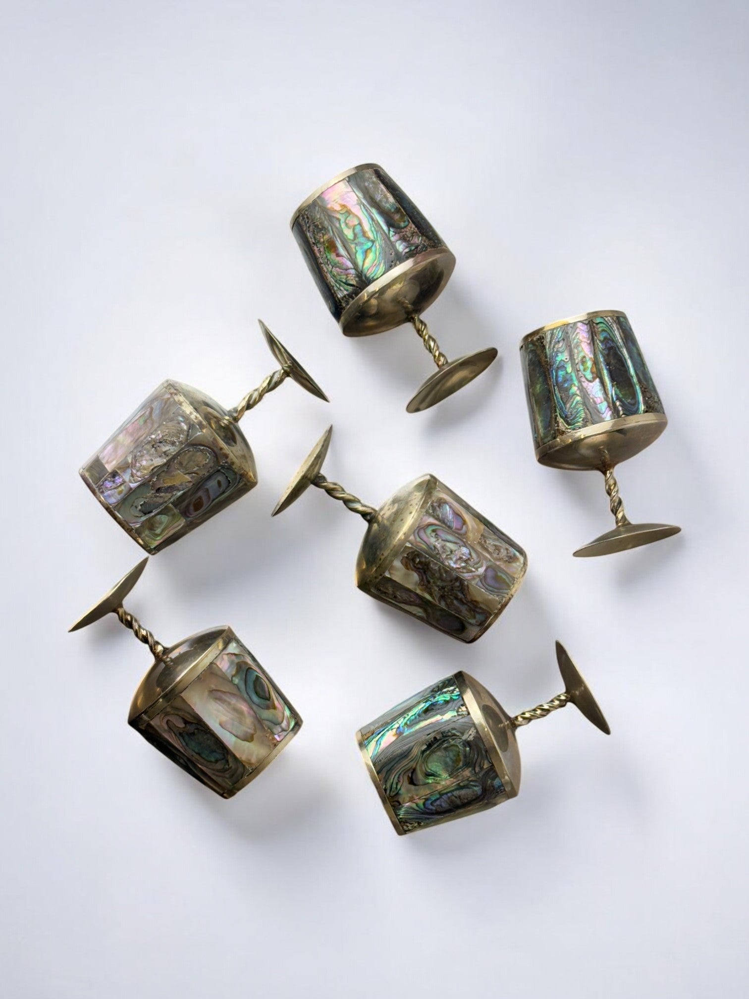 Abalone Shell & Alpaca Shot Glasses, set of 6,  Mexico, 1970's