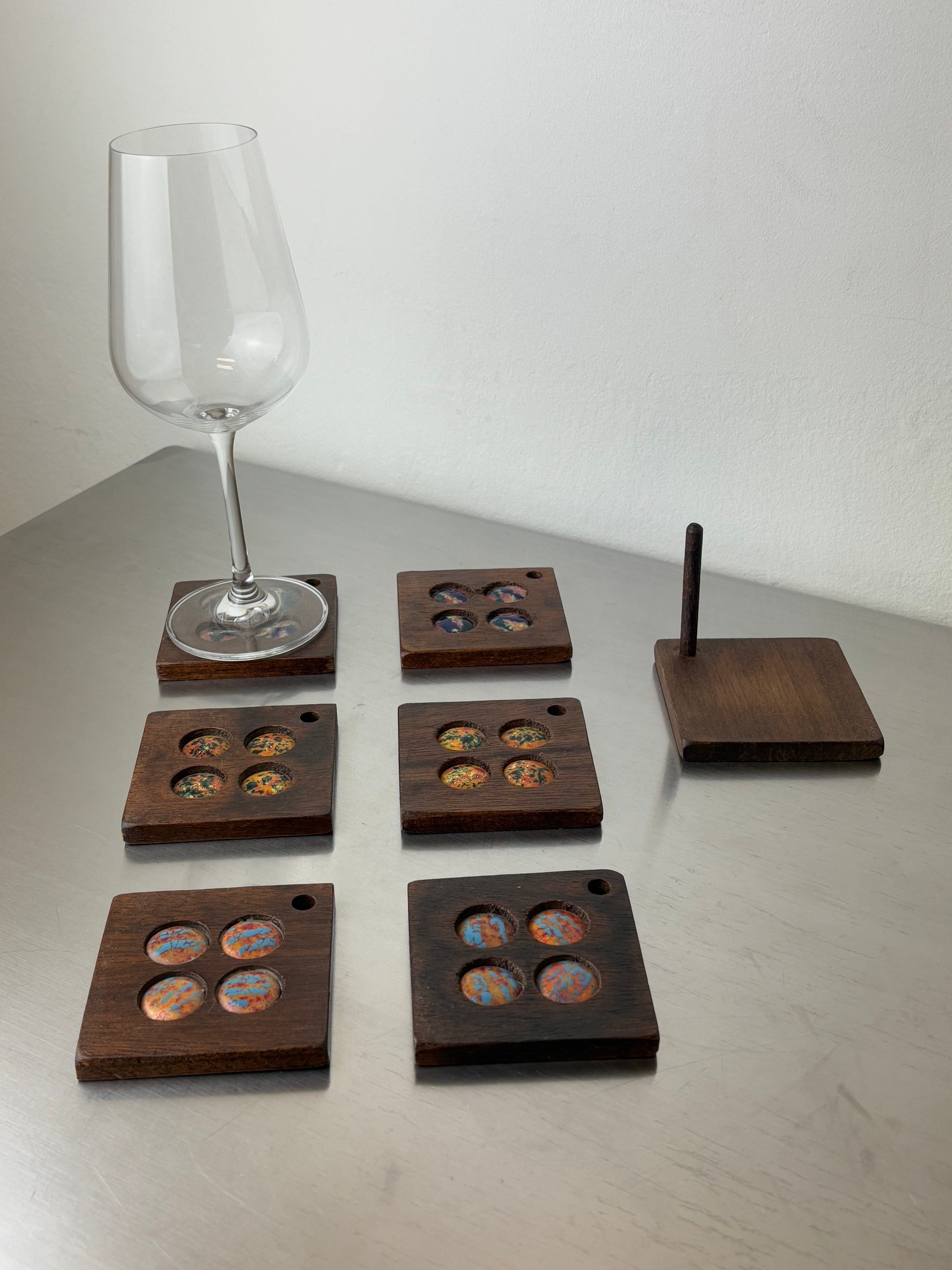 Set of 6 modernist enamel coasters by J. Capo Esmaltes, Spain, 1970's