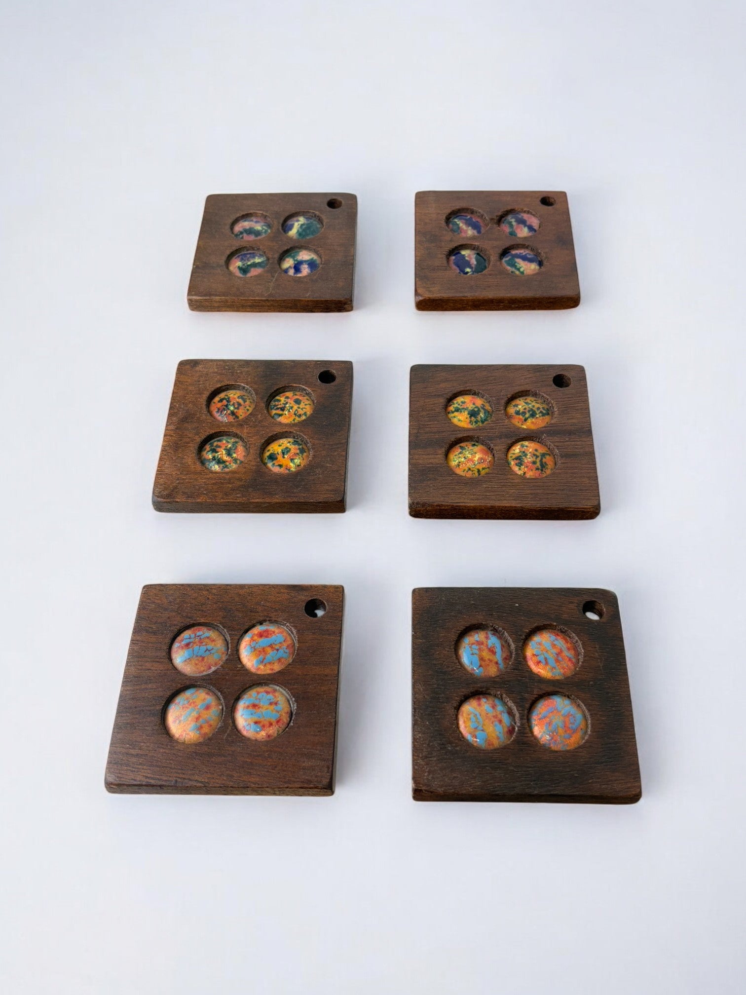 Set of 6 modernist enamel coasters by J. Capo Esmaltes, Spain, 1970's