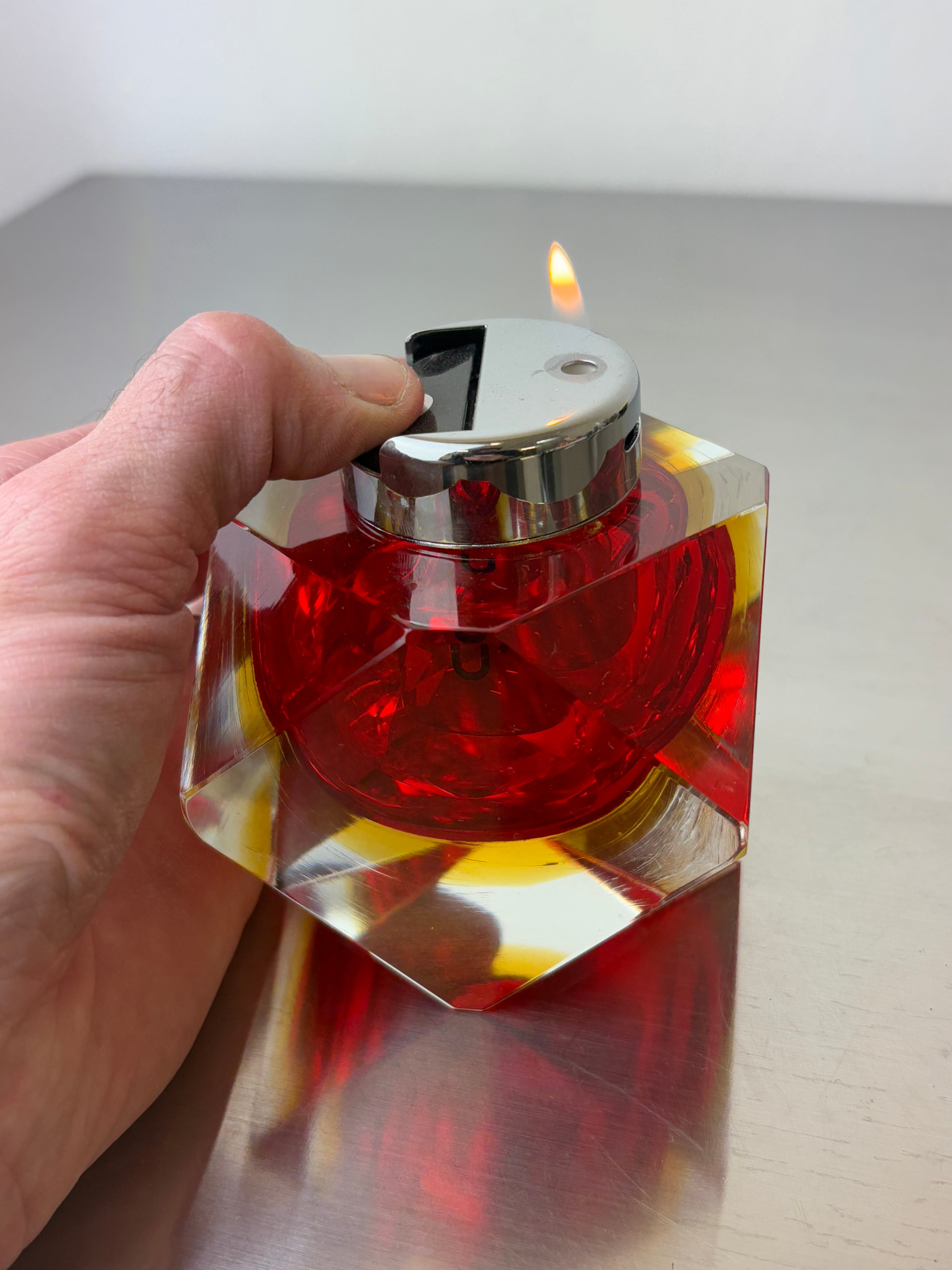 Sommerso faceted Lighter by Flavio Poli, Red & Yellow Murano Glass, Italy, 1970's
