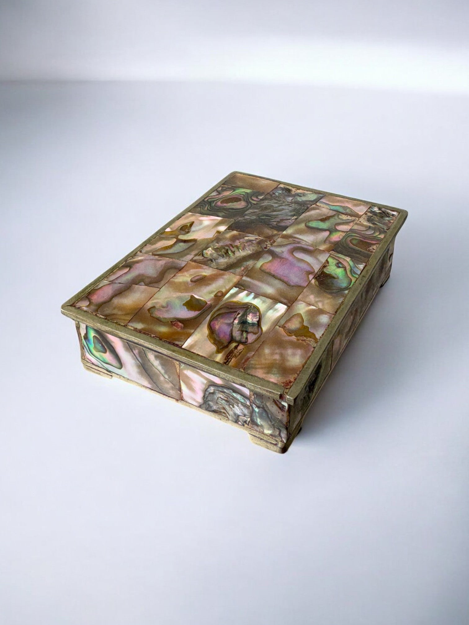 Abalone shell vanity box, Alpaca and wood, Mexico, circa 1970's
