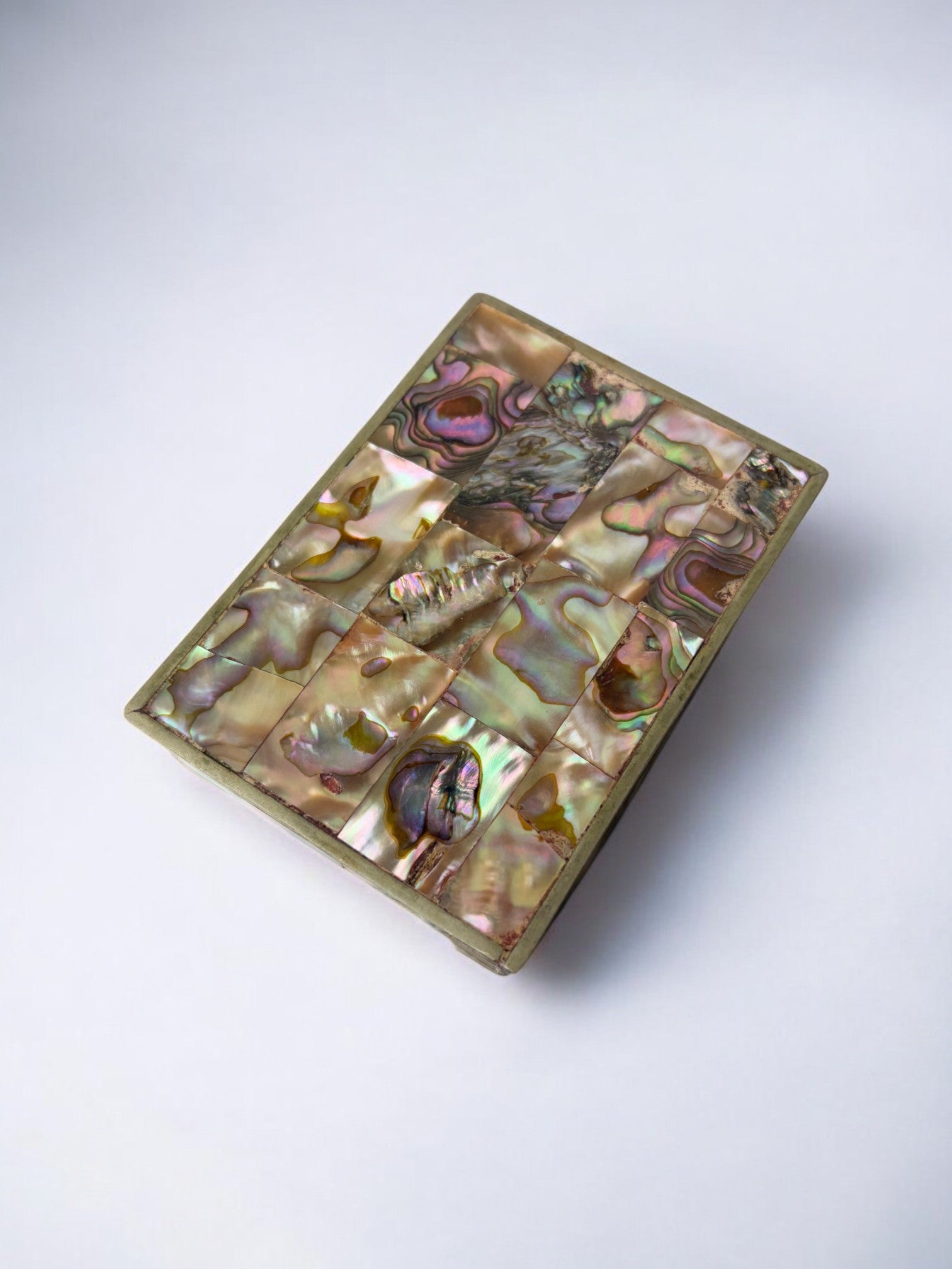 Abalone shell vanity box, Alpaca and wood, Mexico, circa 1970's