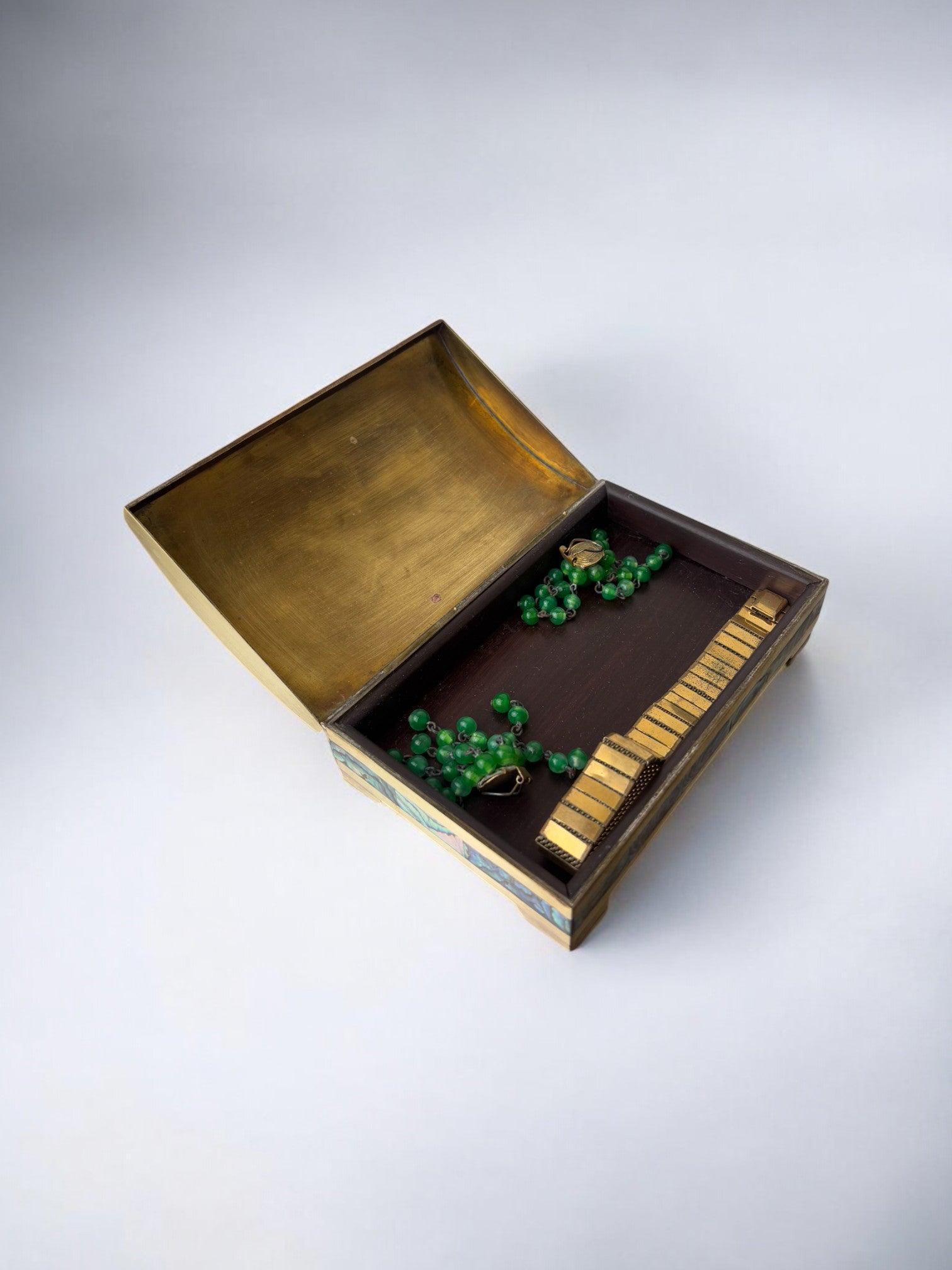 Abalone shell vanity box, brass & wood, Mexico, 1970's