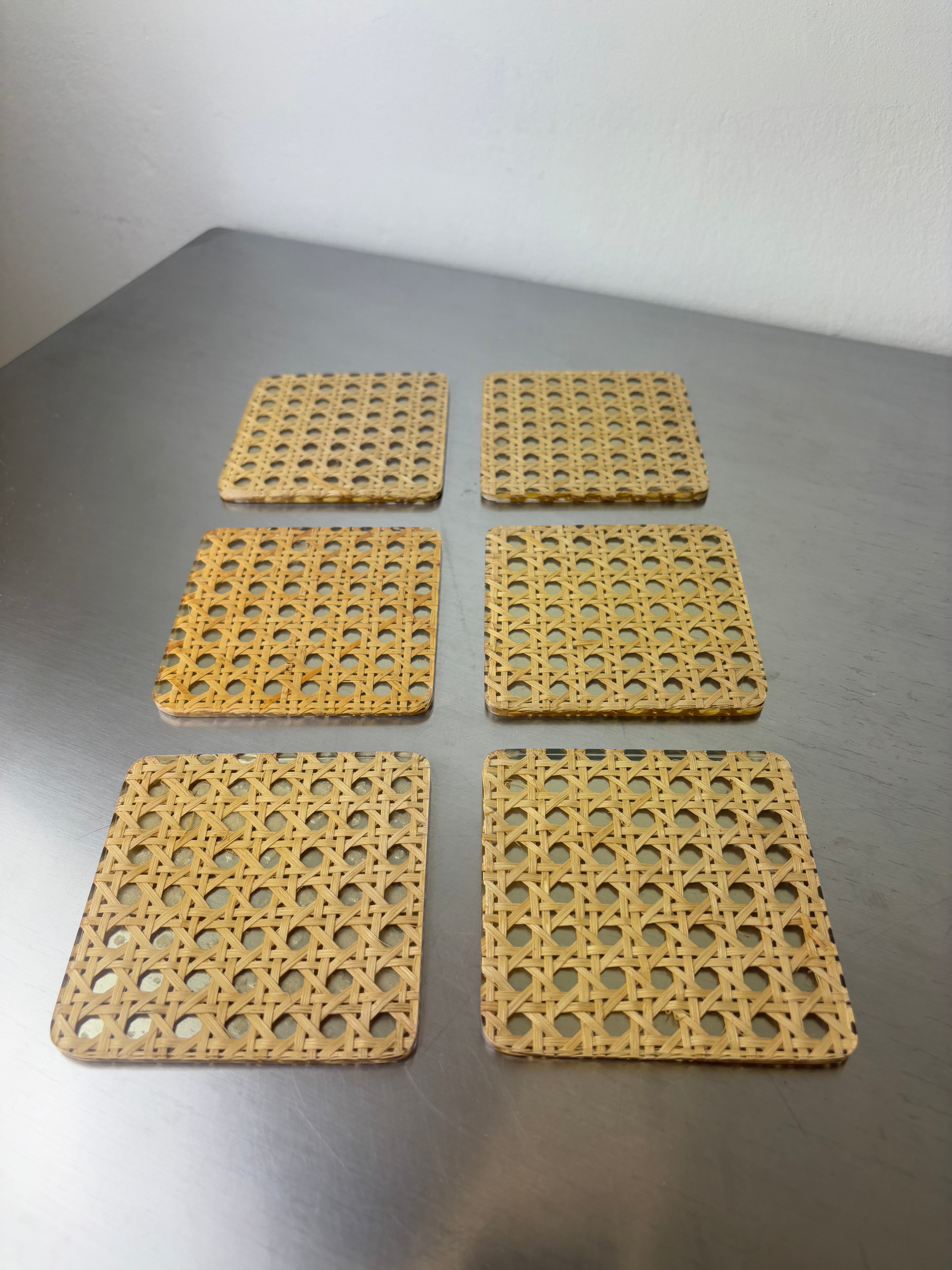 Christian Dior Style Lucite & Rattan coasters, set of 6, Italy, 1970's
