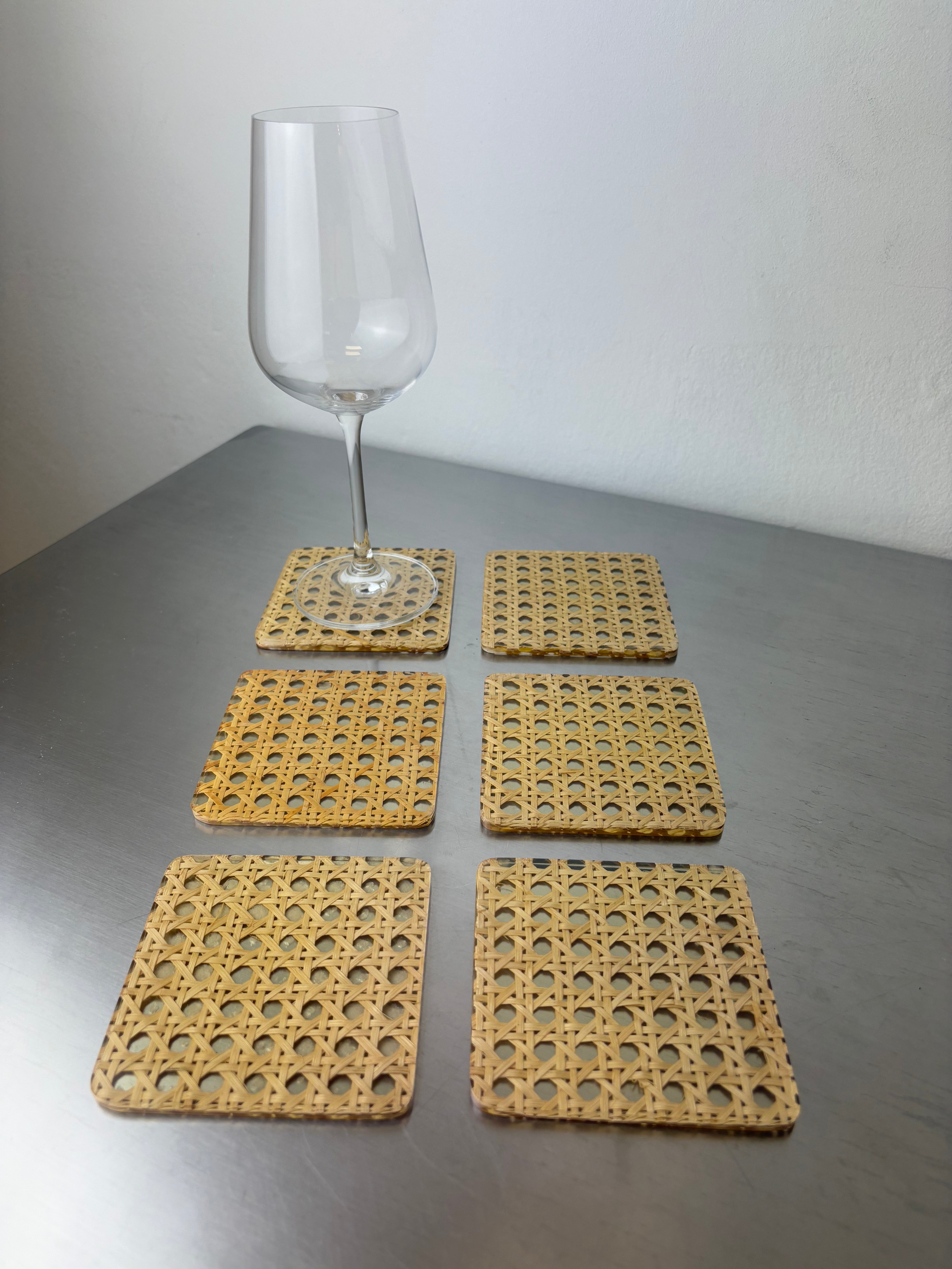 Christian Dior Style Lucite & Rattan coasters, set of 6, Italy, 1970's