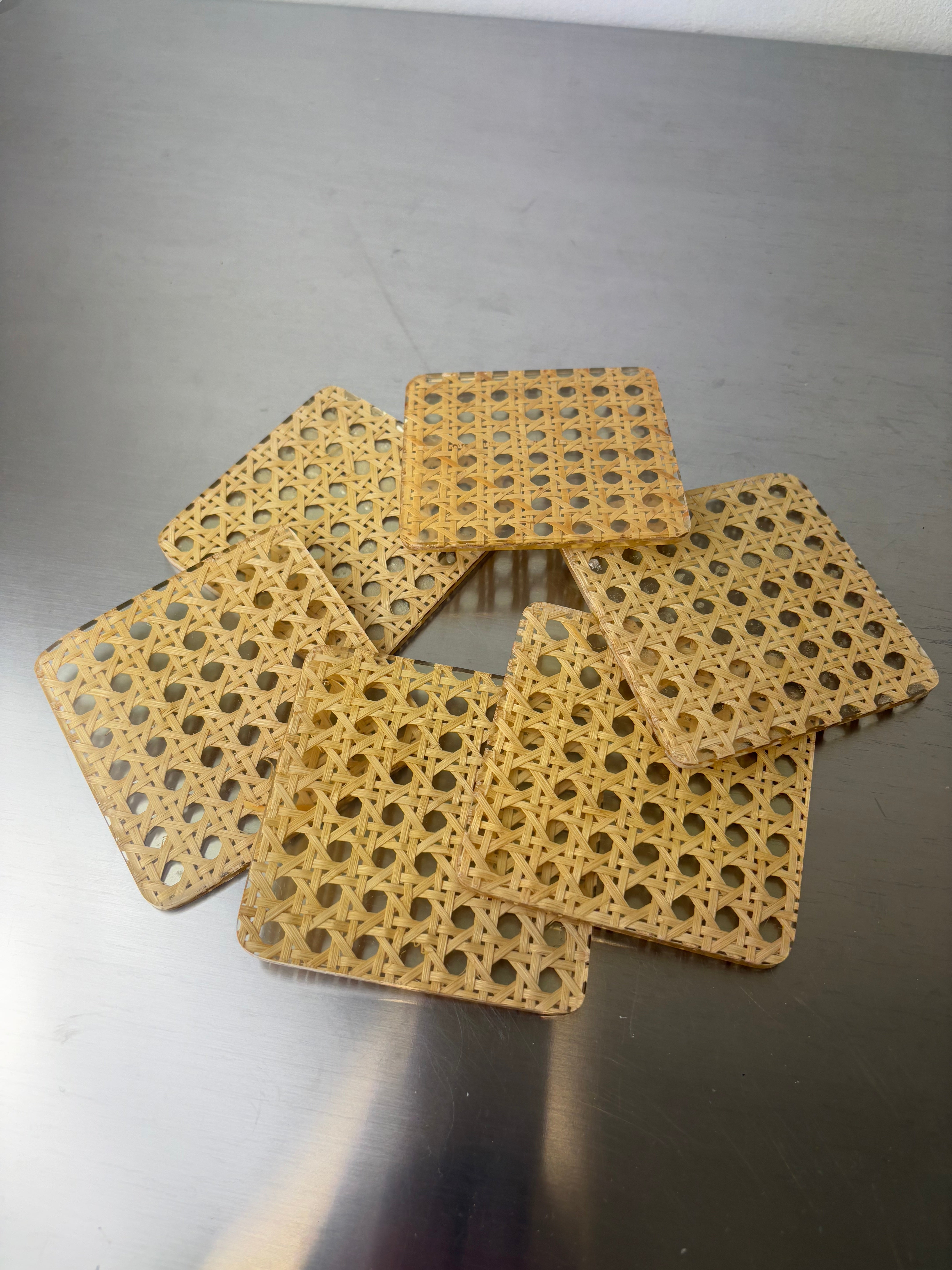 Christian Dior Style Lucite & Rattan coasters, set of 6, Italy, 1970's