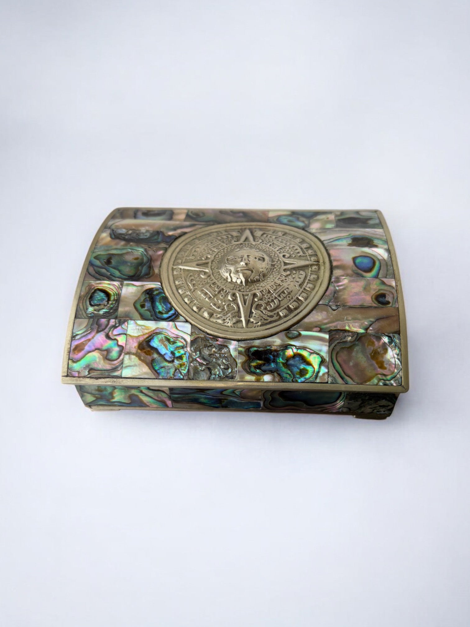 Abalone shell vanity box, Alpaca and wood, Mexico, 1970s