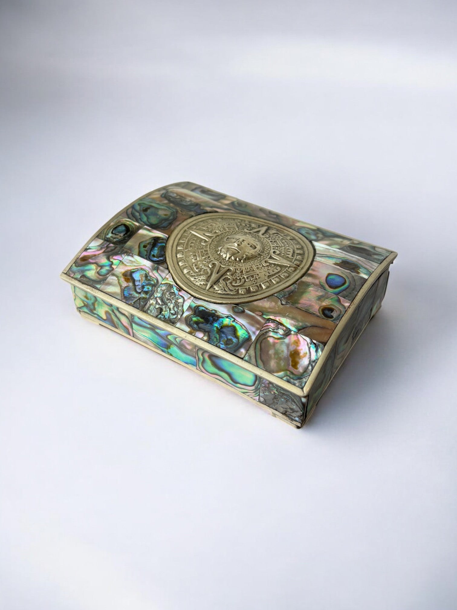 Abalone shell vanity box, Alpaca and wood, Mexico, 1970s