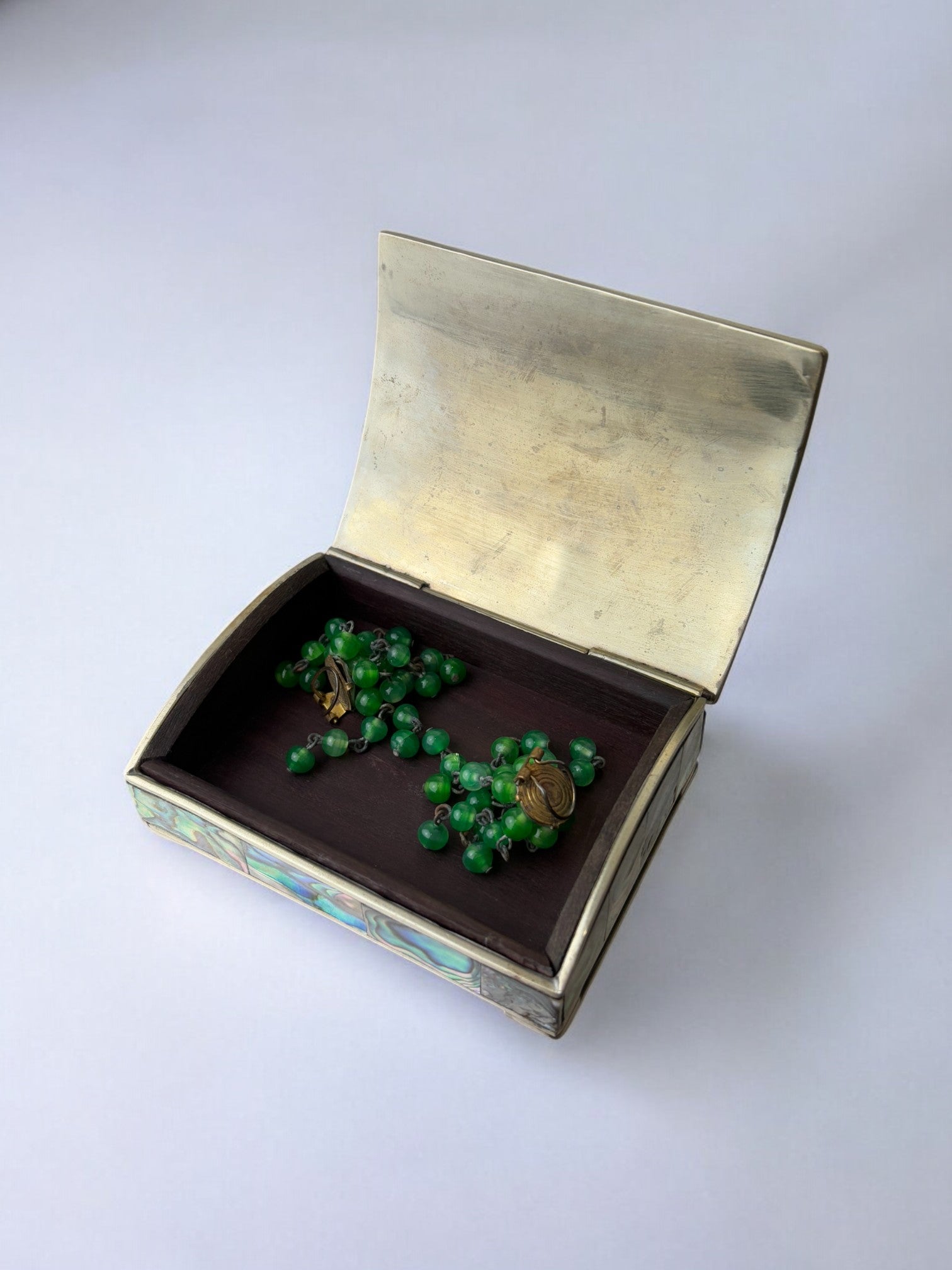 Abalone shell vanity box, Alpaca and wood, Mexico, 1970s