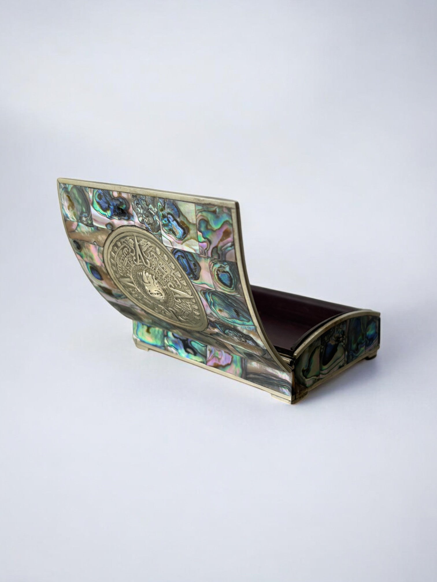 Abalone shell vanity box, Alpaca and wood, Mexico, 1970s