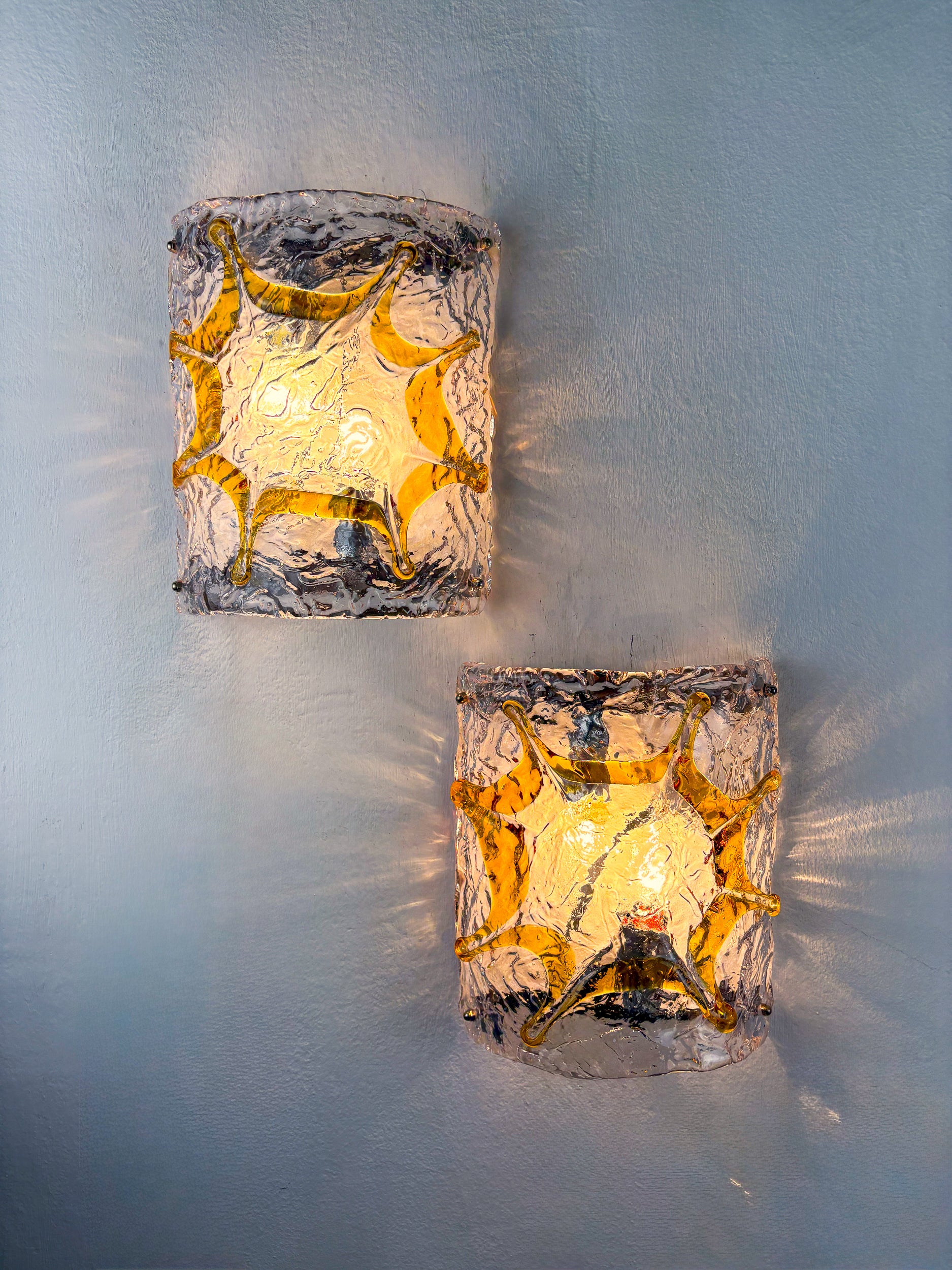Pair of Mazzega Murano Wall Lights, Orange Frosted Textured Glass, Italy, 1970s