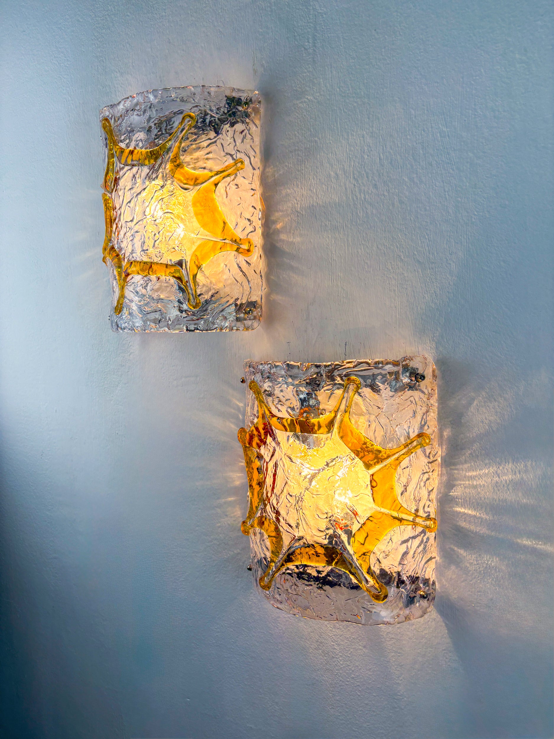 Pair of Mazzega Murano Wall Lights, Orange Frosted Textured Glass, Italy, 1970s