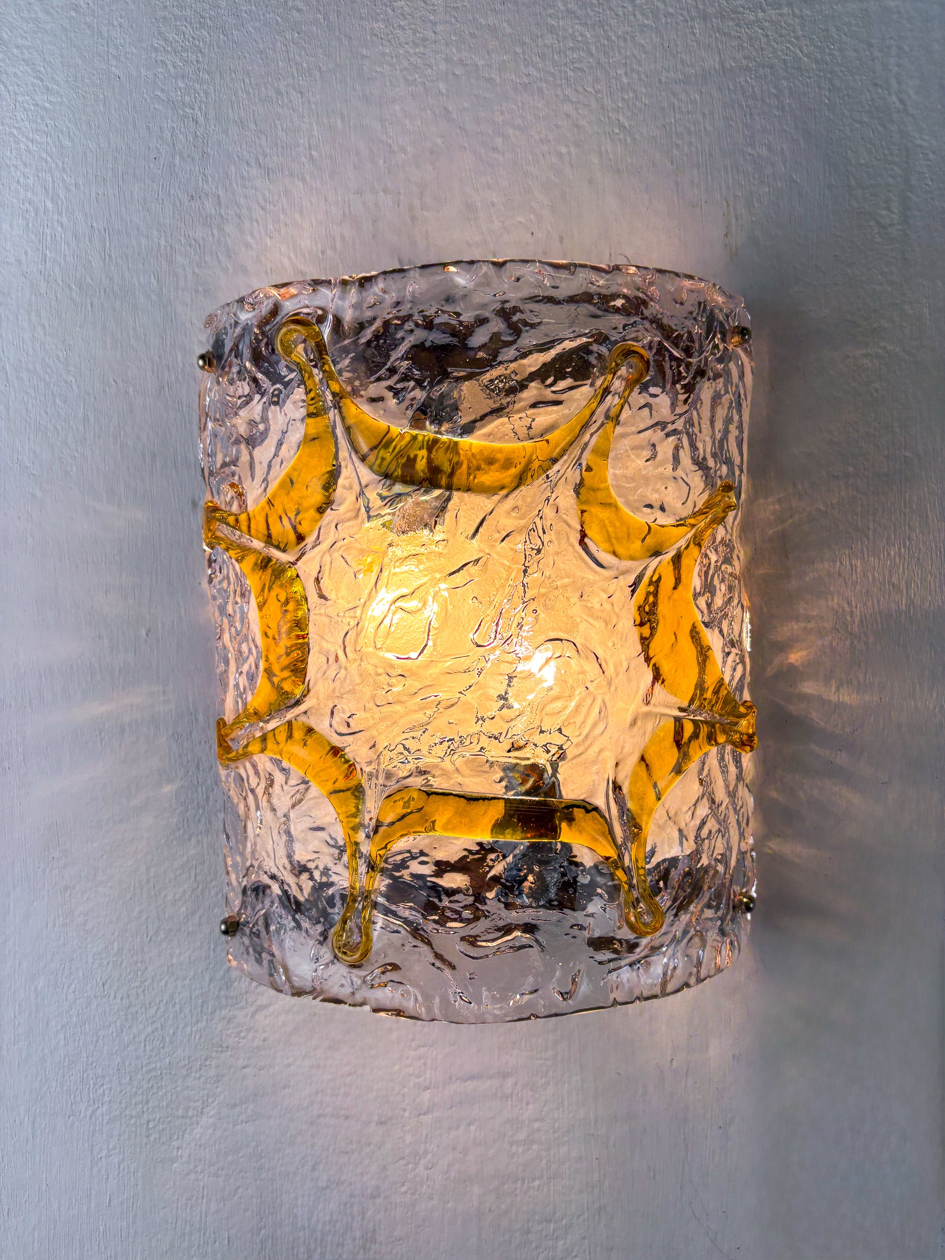 Pair of Mazzega Murano Wall Lights, Orange Frosted Textured Glass, Italy, 1970s