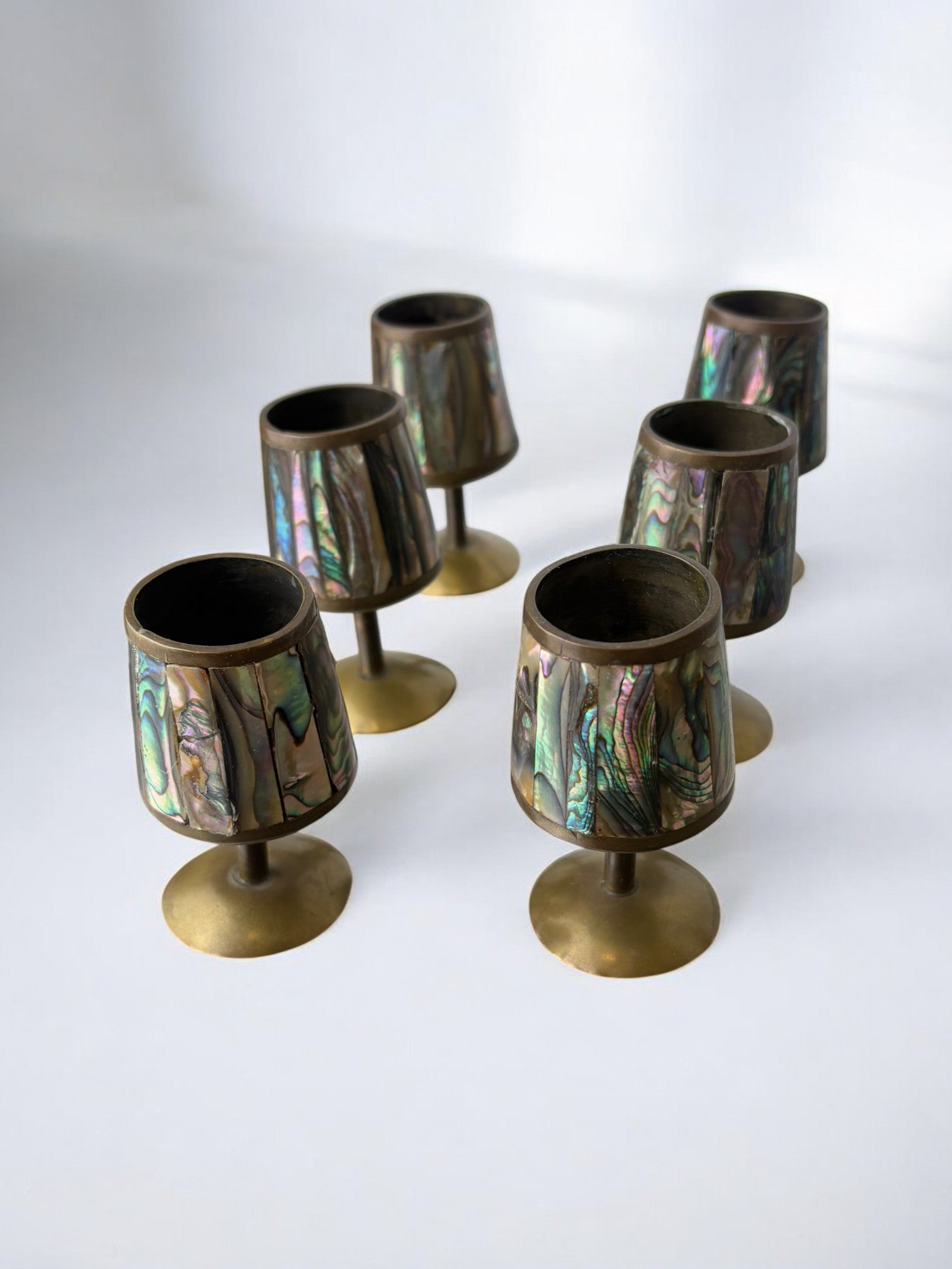 Abalone Shell & Brass Shot Glasses, set of 6,  Mexico, 1970's