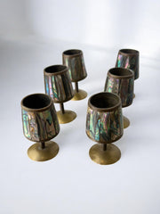 Abalone Shell & Brass Shot Glasses, set of 6,  Mexico, 1970's