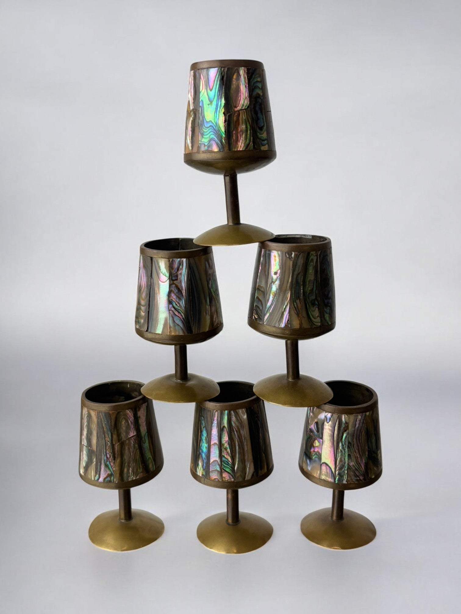 Abalone Shell & Brass Shot Glasses, set of 6,  Mexico, 1970's