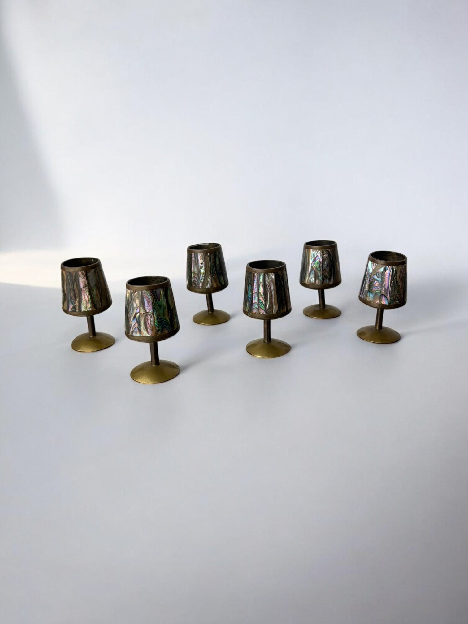 Abalone Shell & Brass Shot Glasses, set of 6,  Mexico, 1970's