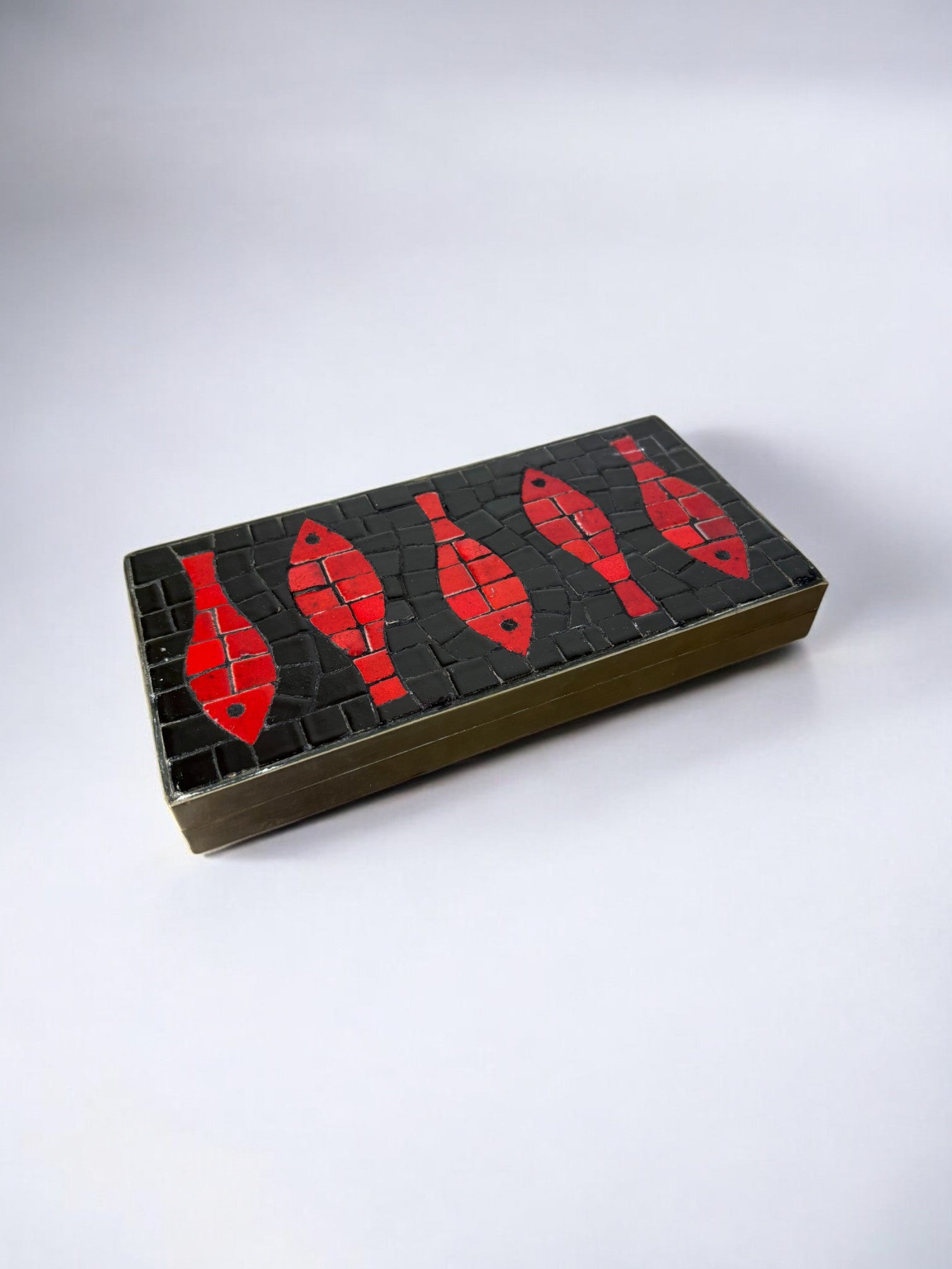 Italian 1960s Fish Mosaic Trinket Box in Ceramic and brass