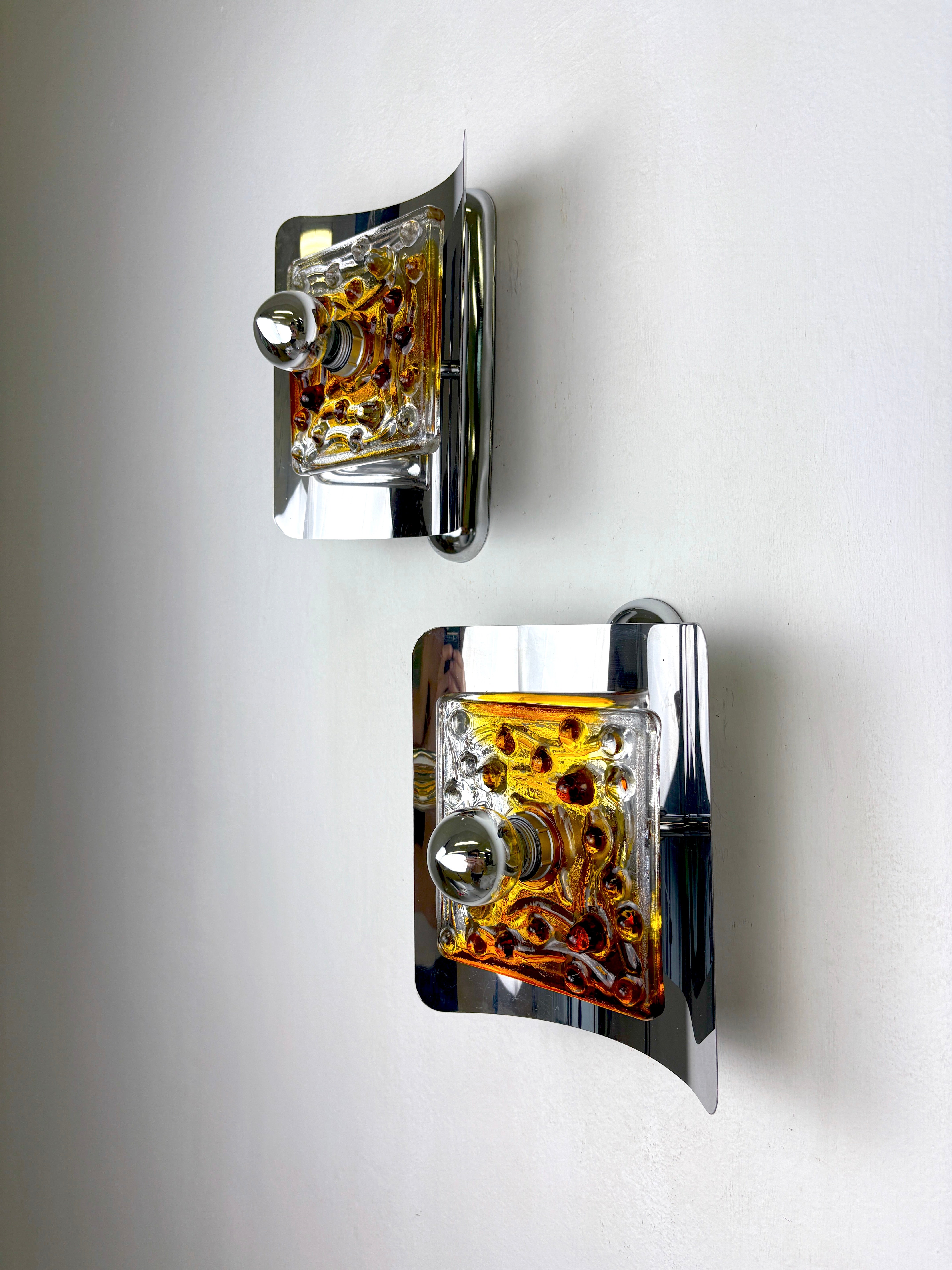 Pair of Orange Murano Mazzega Wall Sconces, Italy, 1970s