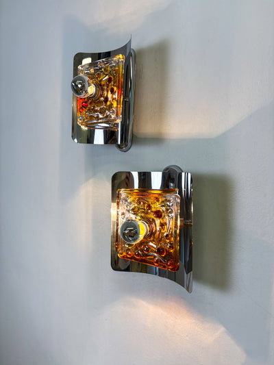Pair of Orange Murano Mazzega Wall Sconces, Italy, 1970s