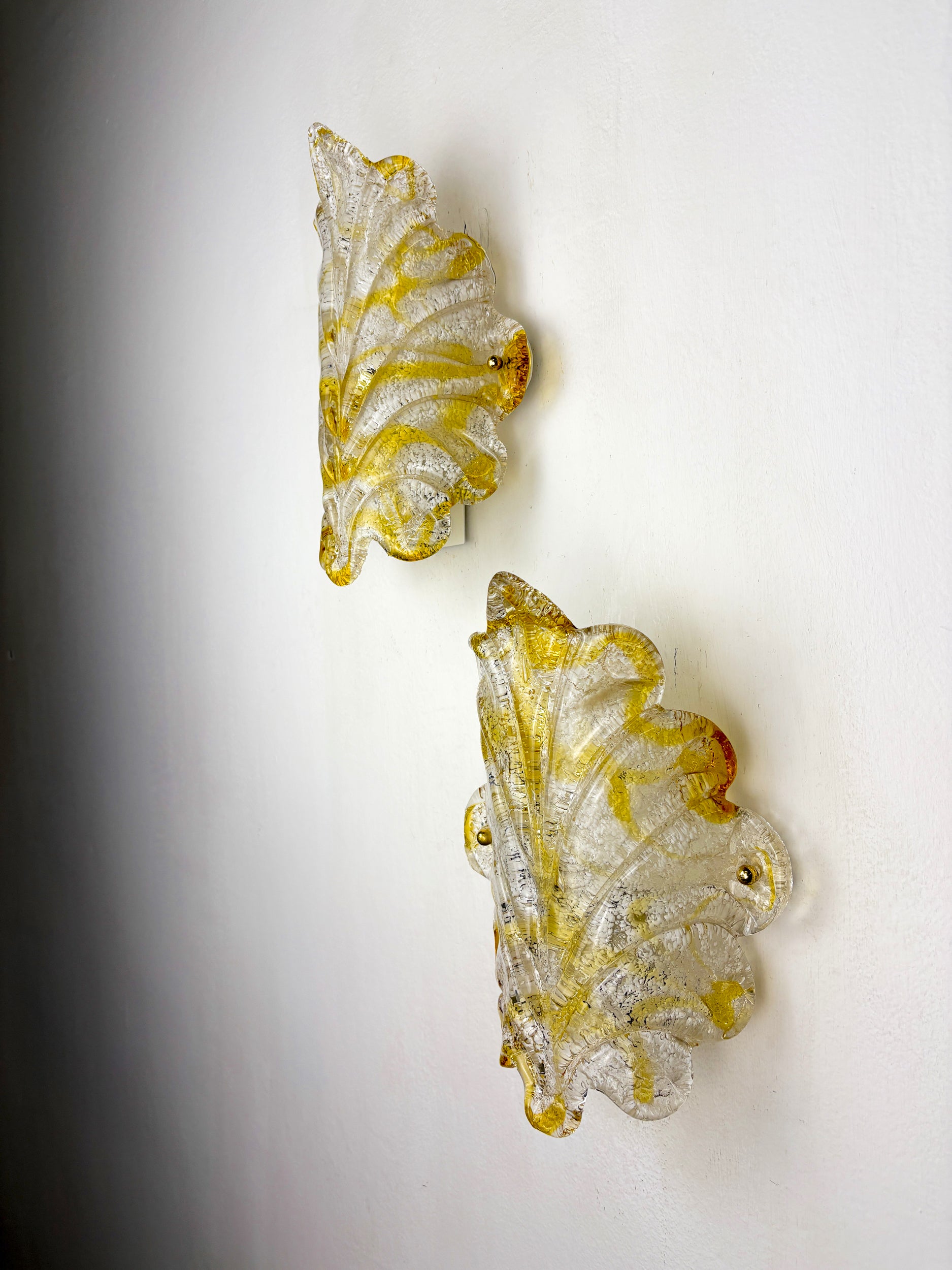 Pair of Orange Murano Frosted Leaf Sconces, Textured Glass & Gilt Details, Italy 1970s