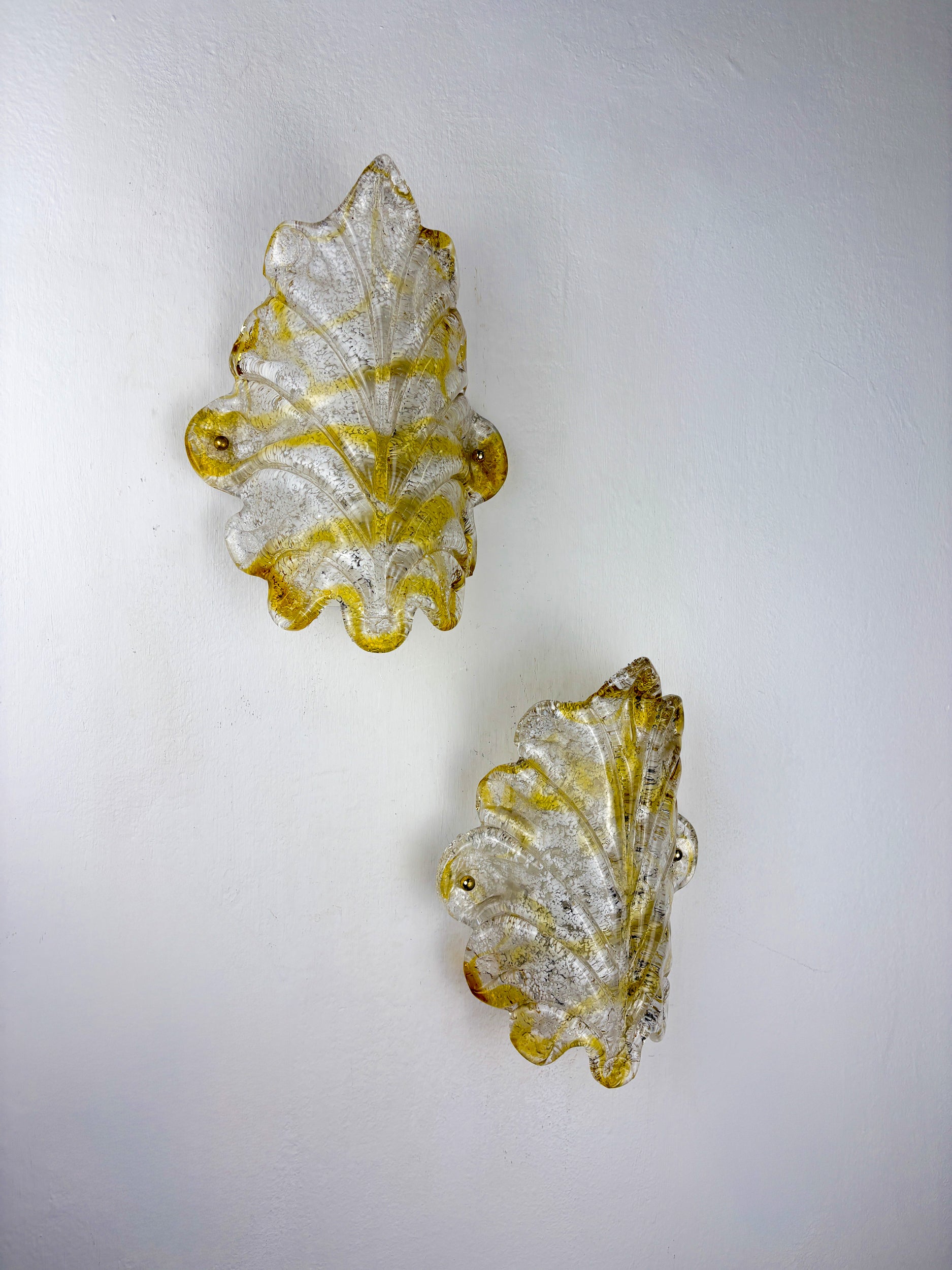 Pair of Orange Murano Frosted Leaf Sconces, Textured Glass & Gilt Details, Italy 1970s