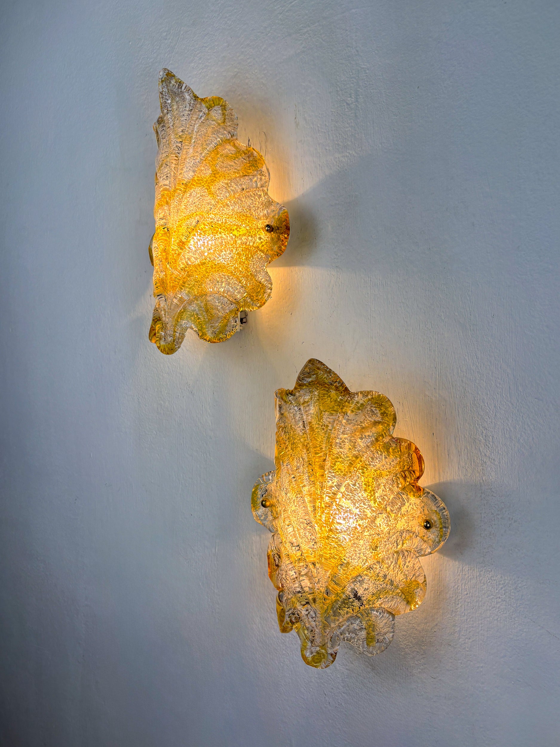 Pair of Orange Murano Frosted Leaf Sconces, Textured Glass & Gilt Details, Italy 1970s