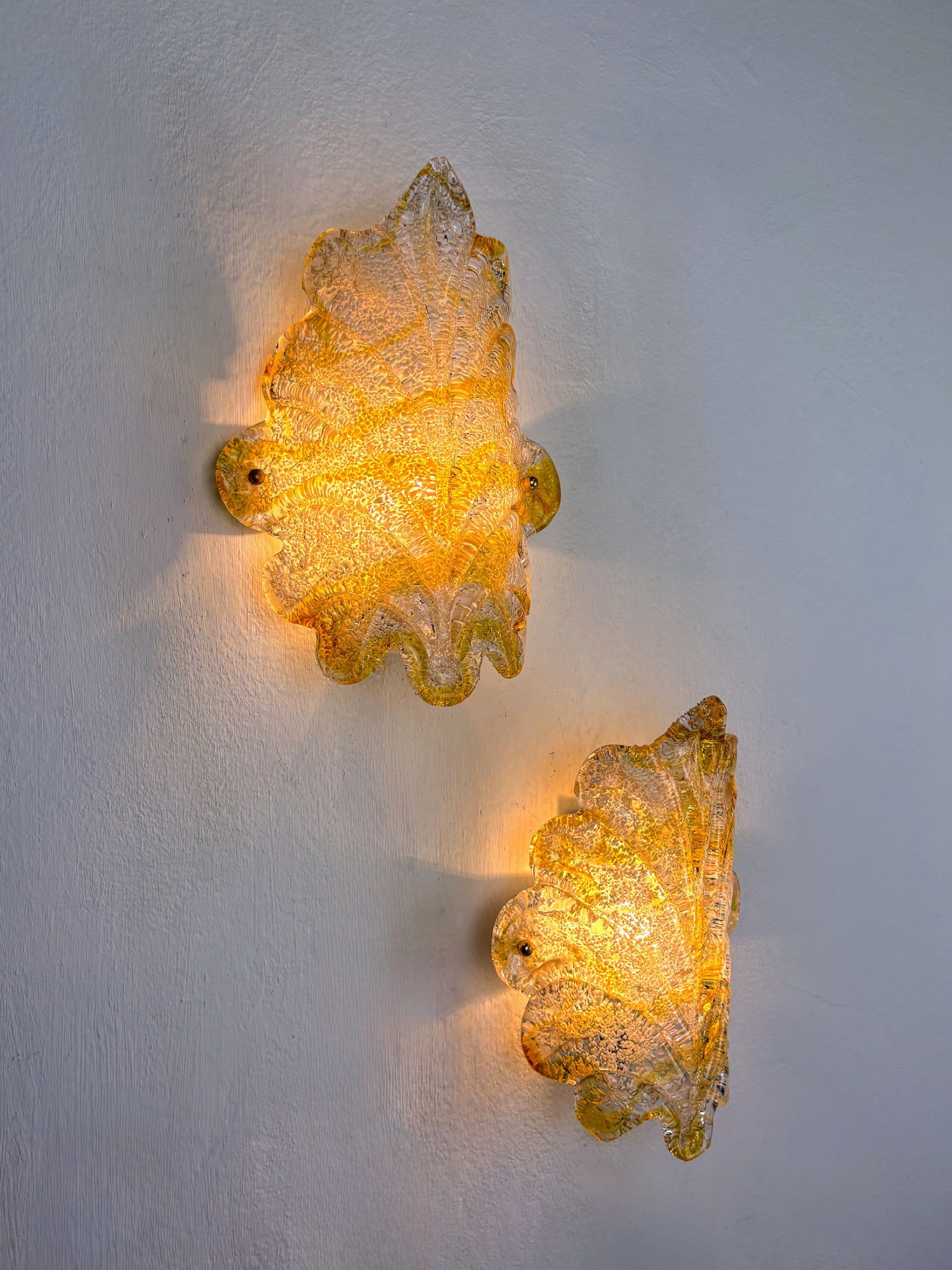 Pair of Orange Murano Frosted Leaf Sconces, Textured Glass & Gilt Details, Italy 1970s