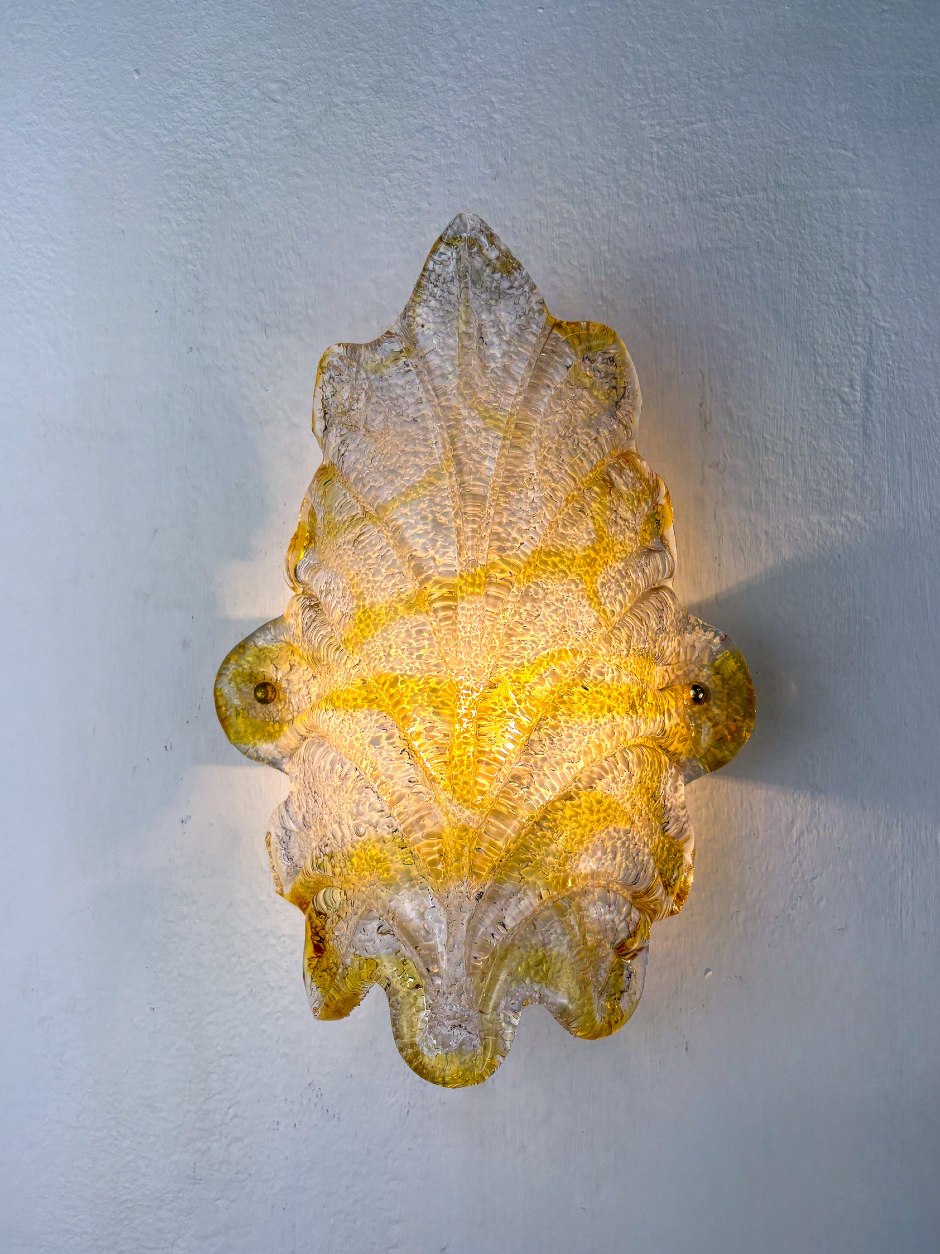 Pair of Orange Murano Frosted Leaf Sconces, Textured Glass & Gilt Details, Italy 1970s