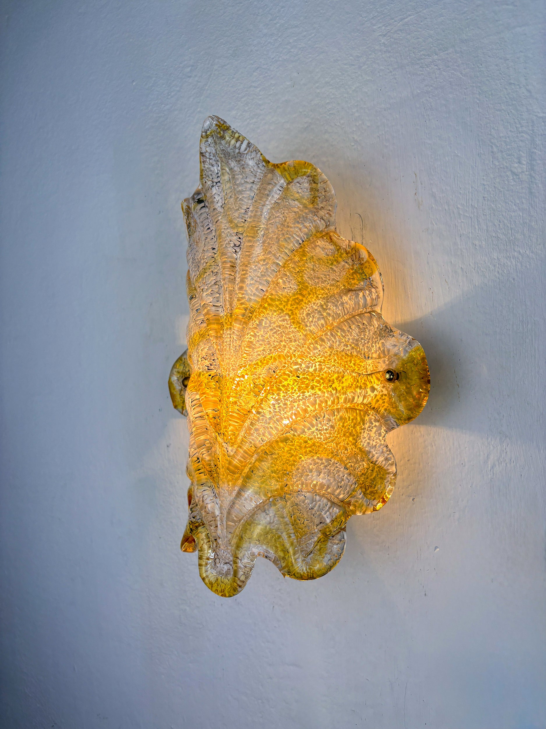 Orange Murano Frosted Leaf Sconce, Textured Glass & Gilt Details, Italy 1970s