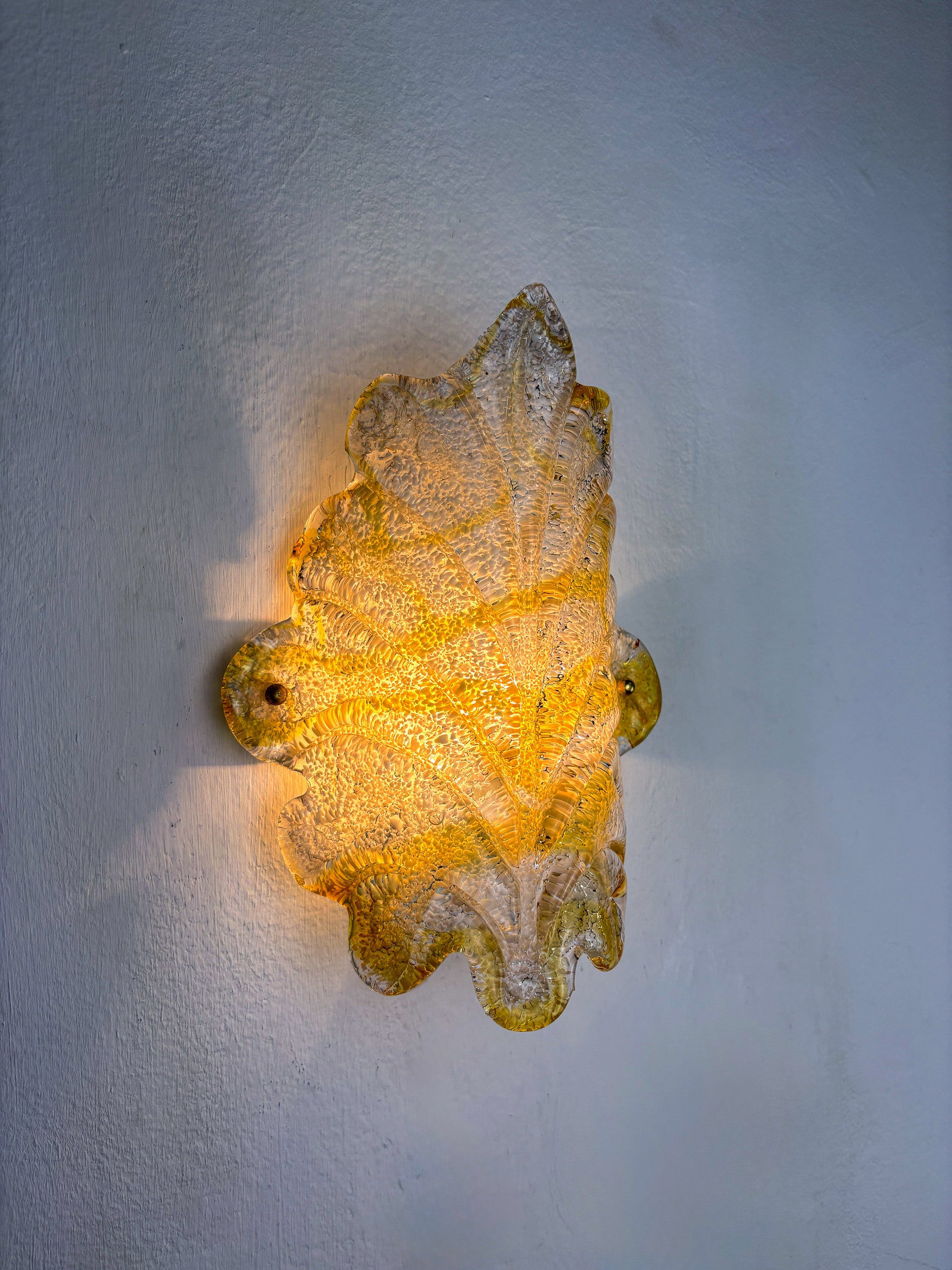 Orange Murano Frosted Leaf Sconce, Textured Glass & Gilt Details, Italy 1970s