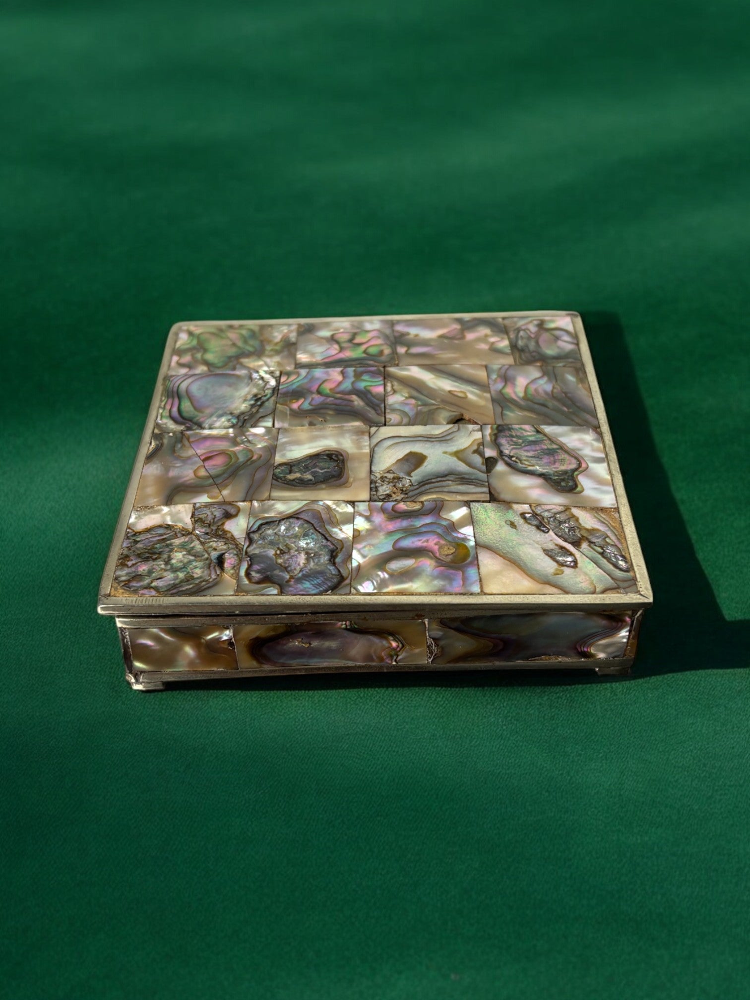 Abalone shell vanity box, Alpaca & wood, Mexico, circa 1970's
