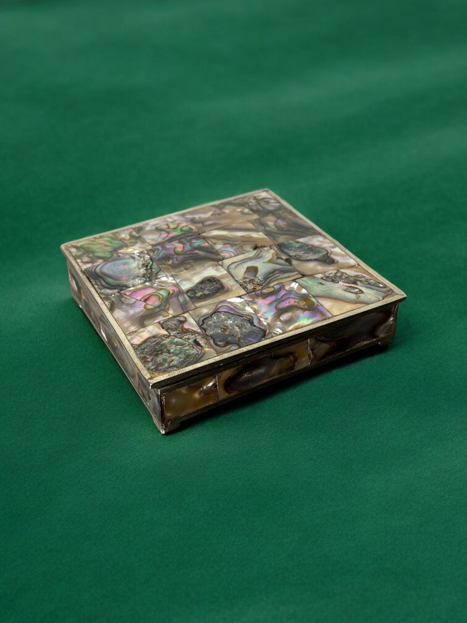 Abalone shell vanity box, Alpaca & wood, Mexico, circa 1970's