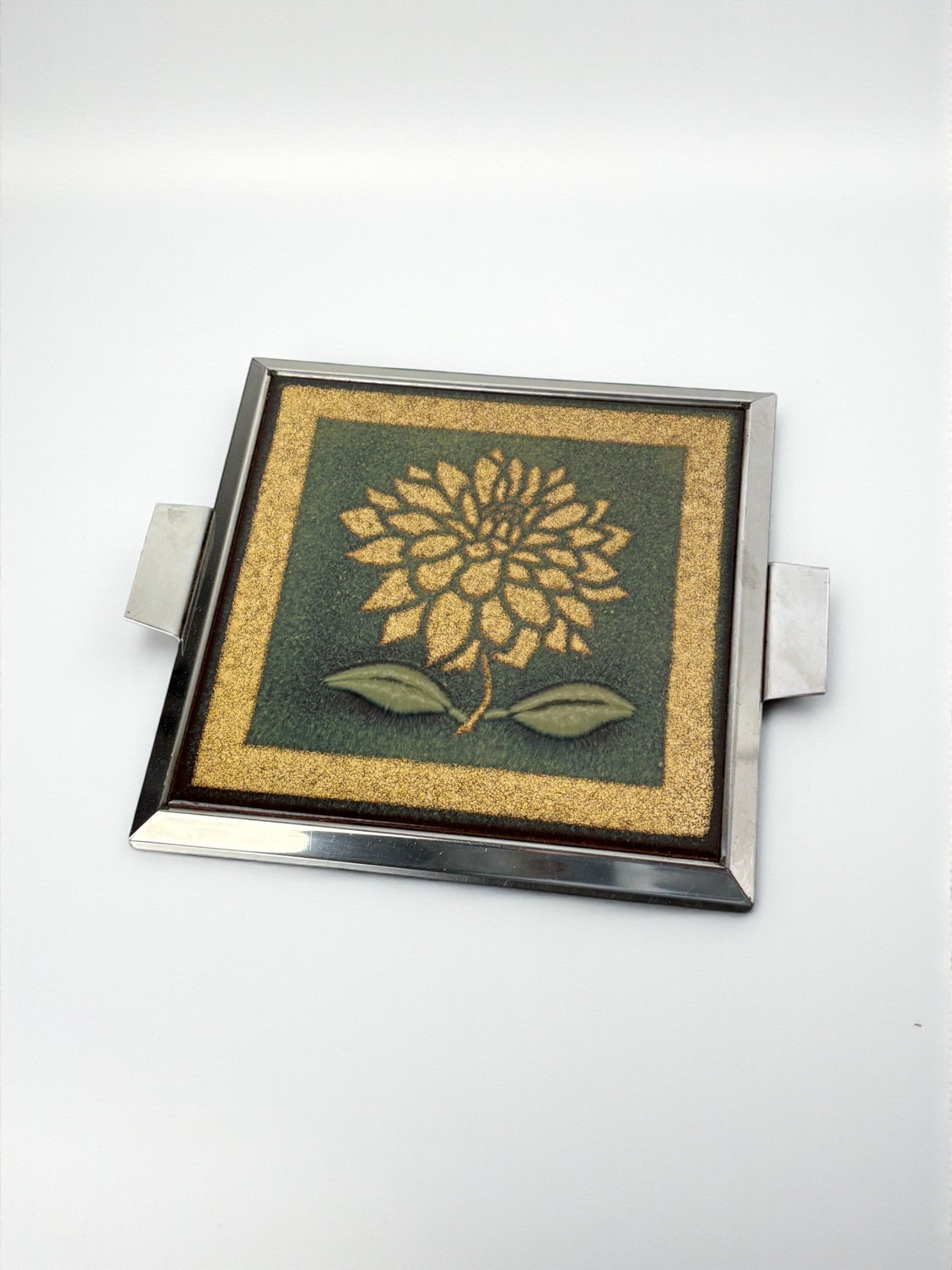 Space age floral Green and Yellow ceramic trivet, spain, 1970's