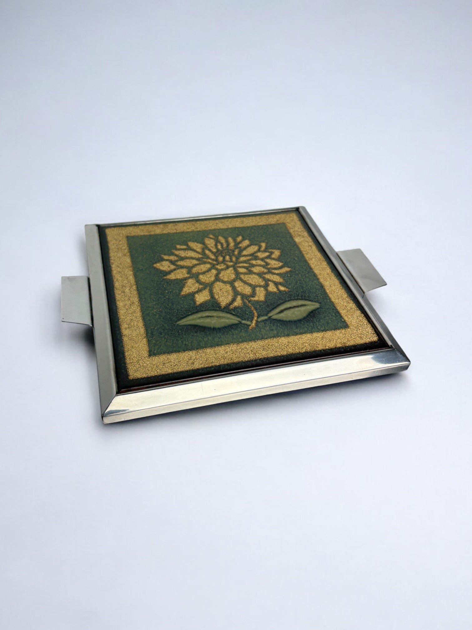 Space age floral Green and Yellow ceramic trivet, spain, 1970's
