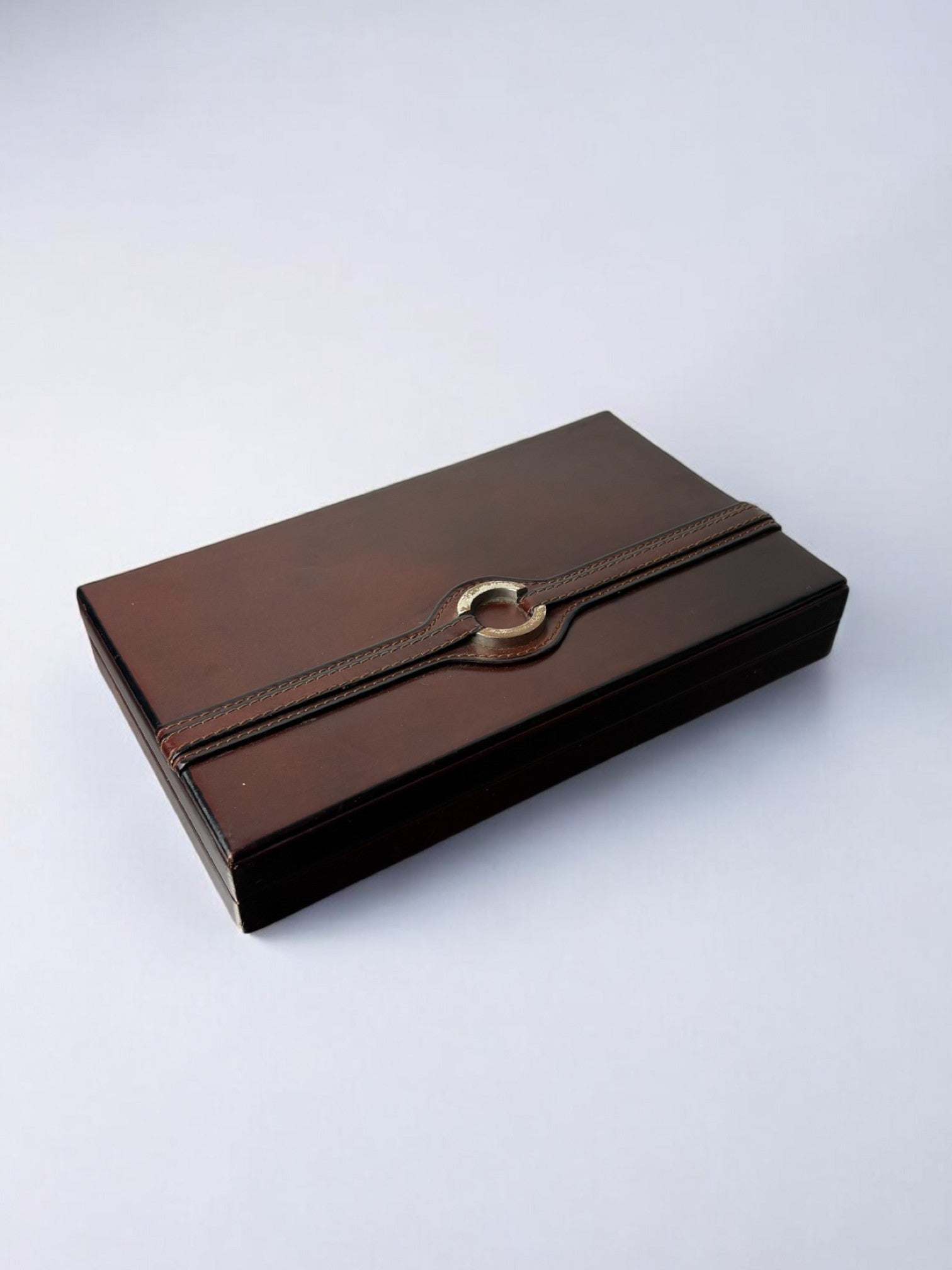 Loewe leather and wood box with metal buckle, Spain, 1970s