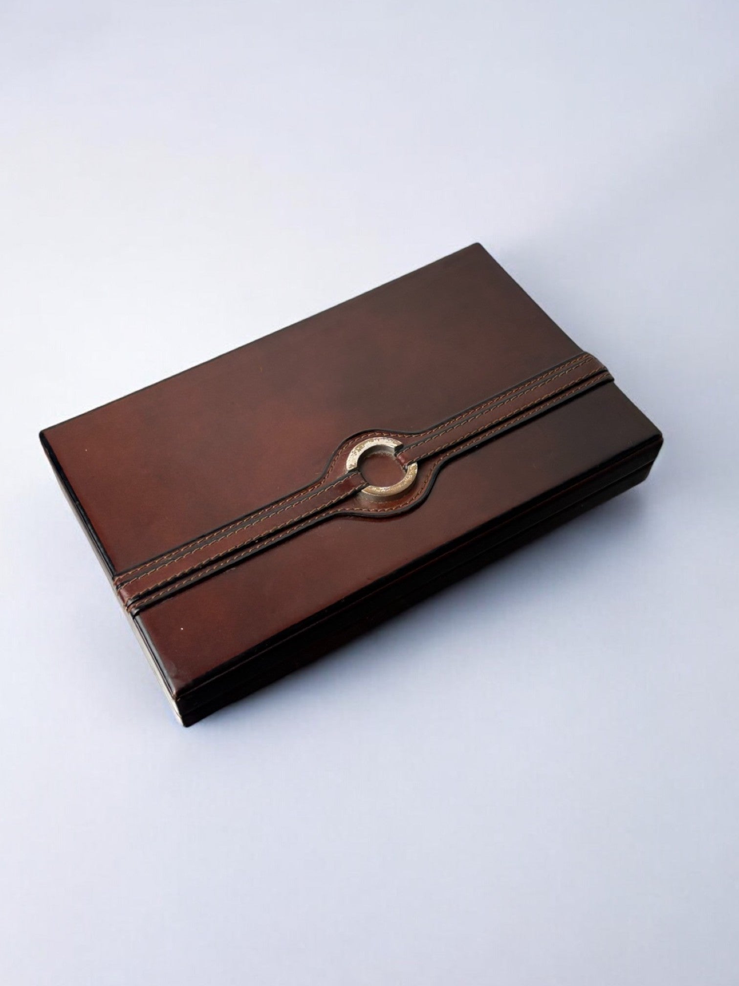 Loewe leather and wood box with metal buckle, Spain, 1970s