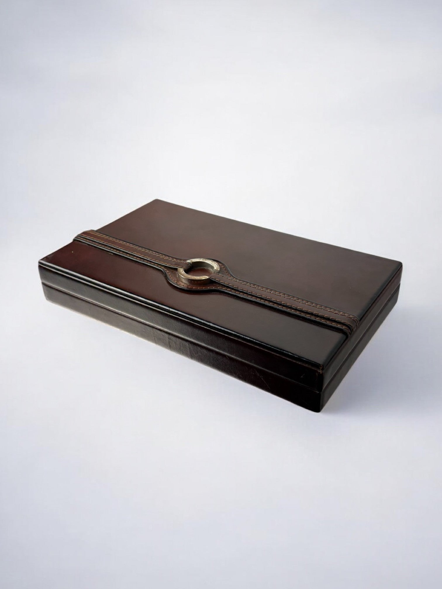 Loewe leather and wood box with metal buckle, Spain, 1970s