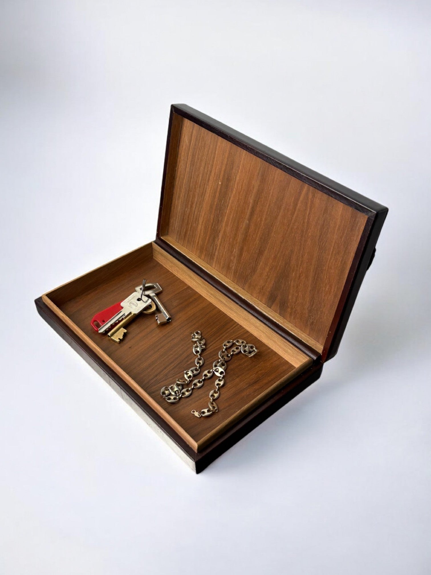 Loewe leather and wood box with metal buckle, Spain, 1970s