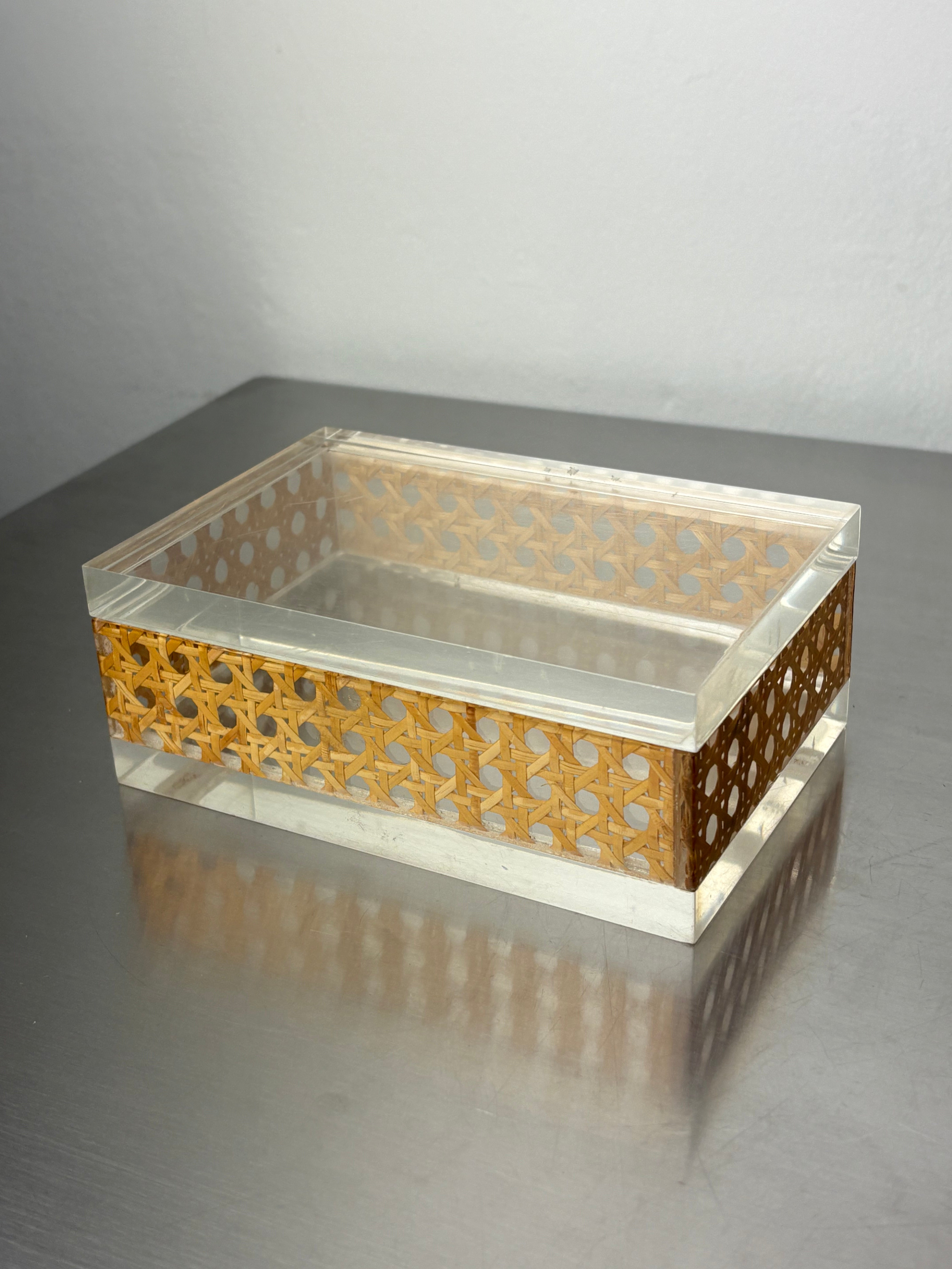 Lucite & Rattan vanity Box, Christian Dior Style, 1970's