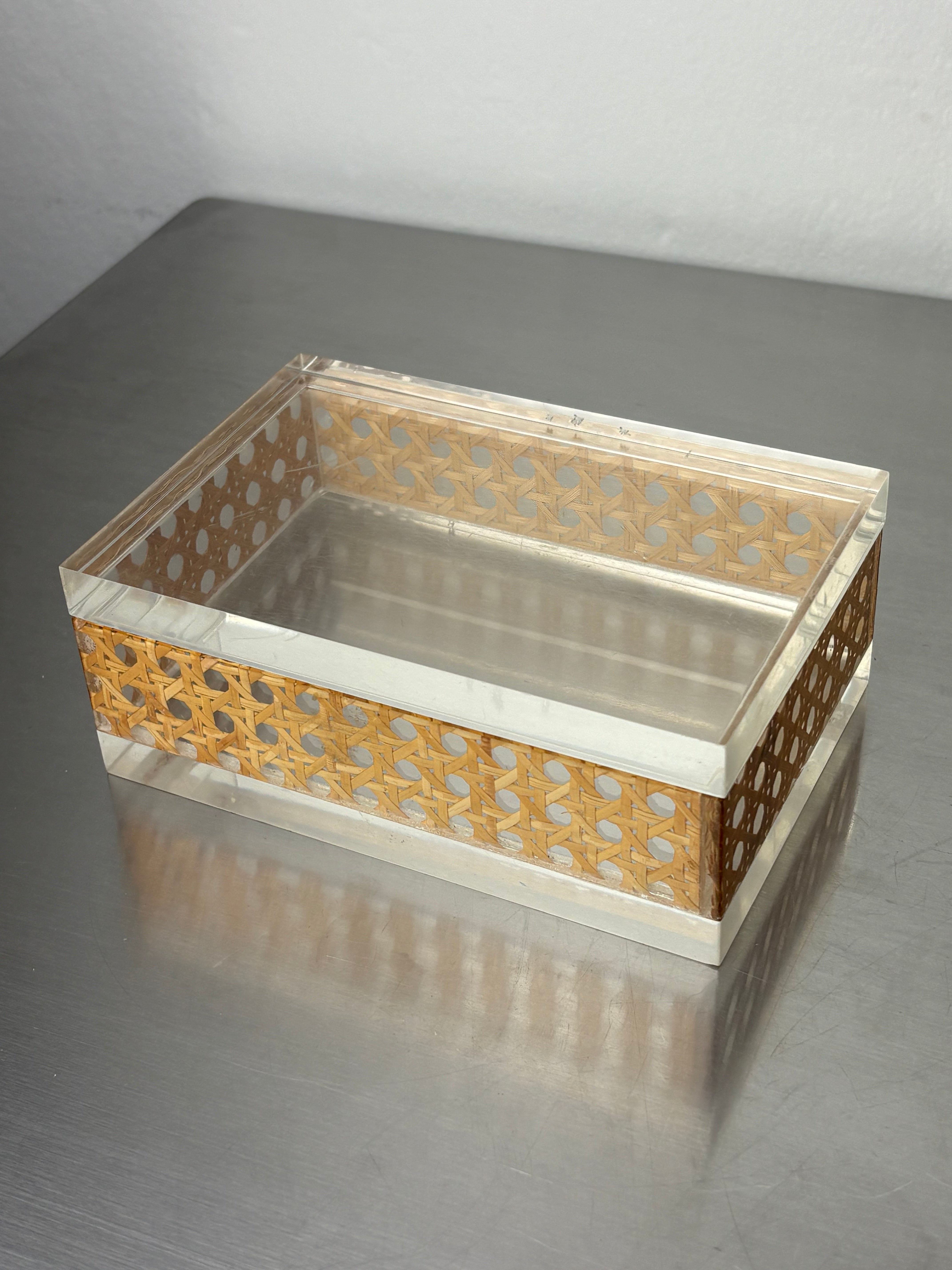Lucite & Rattan vanity Box, Christian Dior Style, 1970's