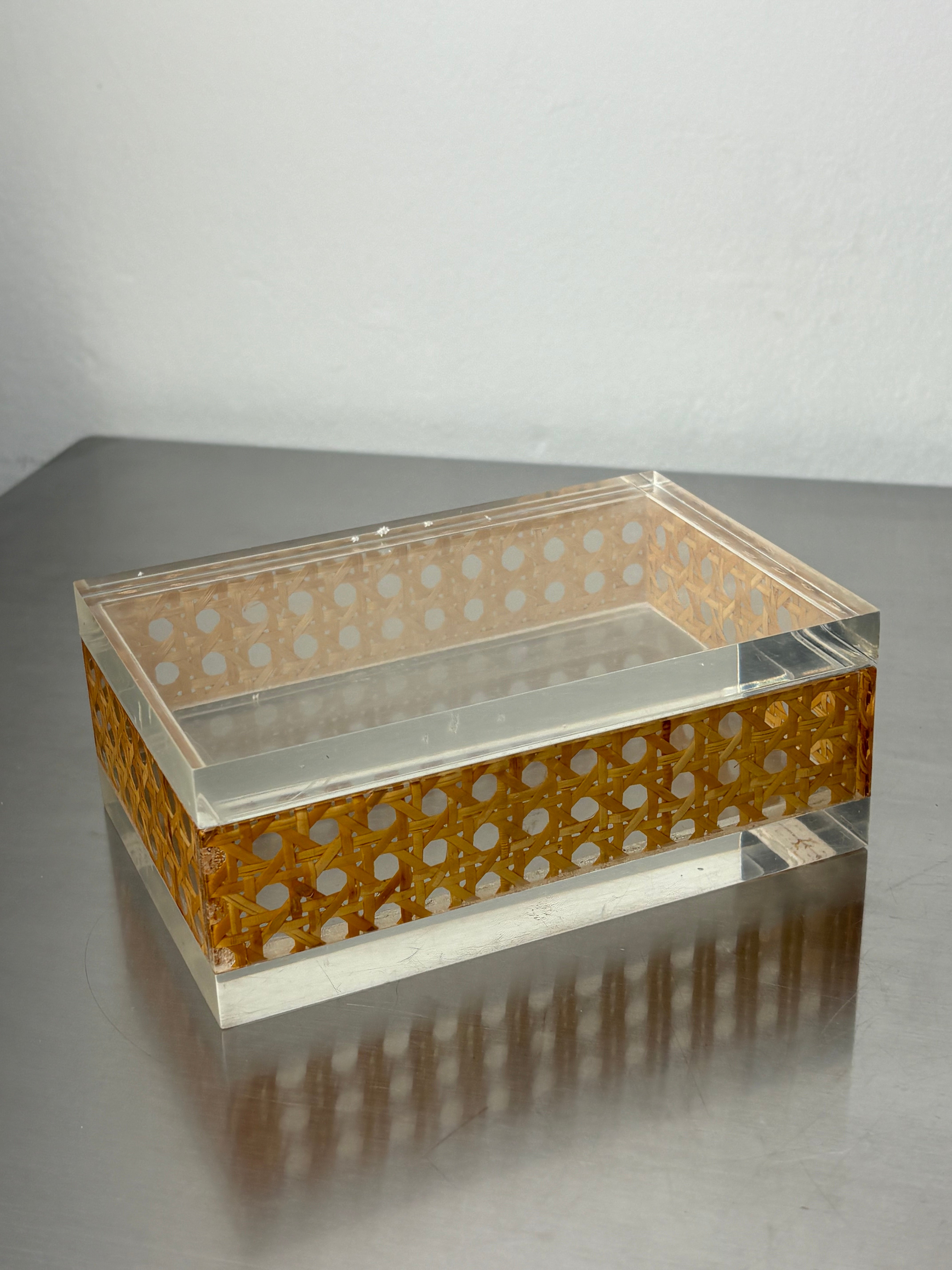 Lucite & Rattan vanity Box, Christian Dior Style, 1970's