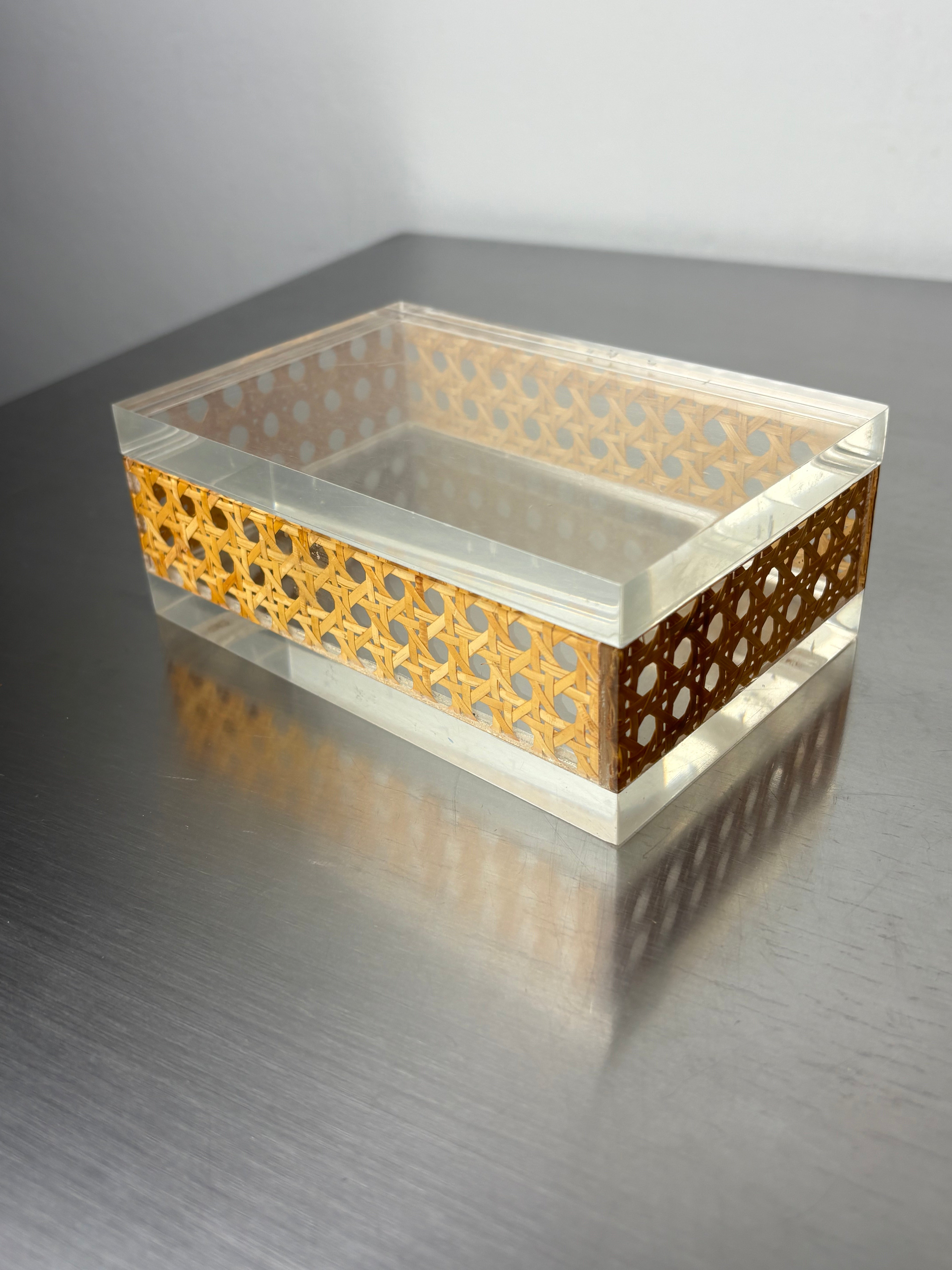 Lucite & Rattan vanity Box, Christian Dior Style, 1970's