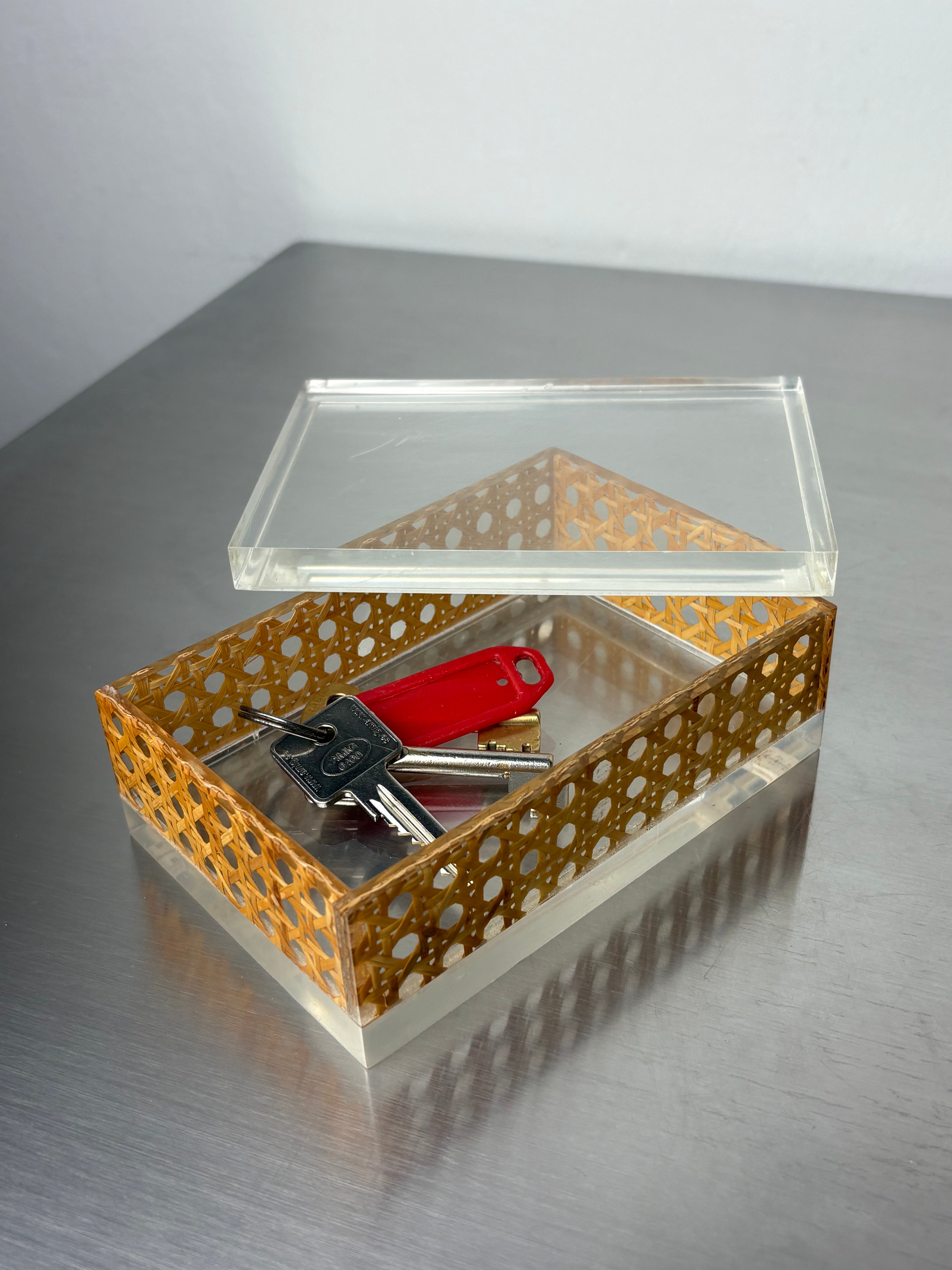 Lucite & Rattan vanity Box, Christian Dior Style, 1970's
