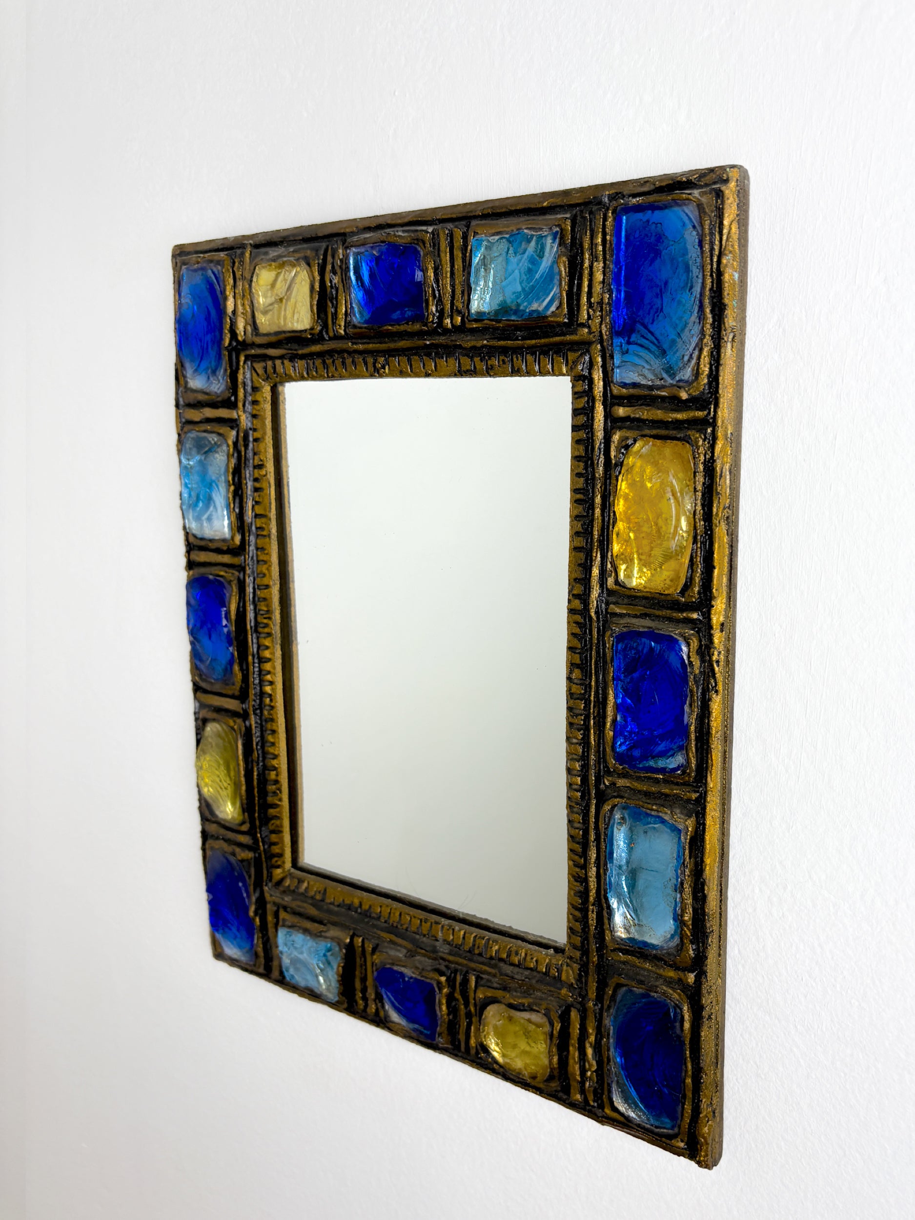 Italian Mid-Century Mirror by Creaciones Gobesso, Blue & Yellow Murano Rock Crystals, Circa 1960's