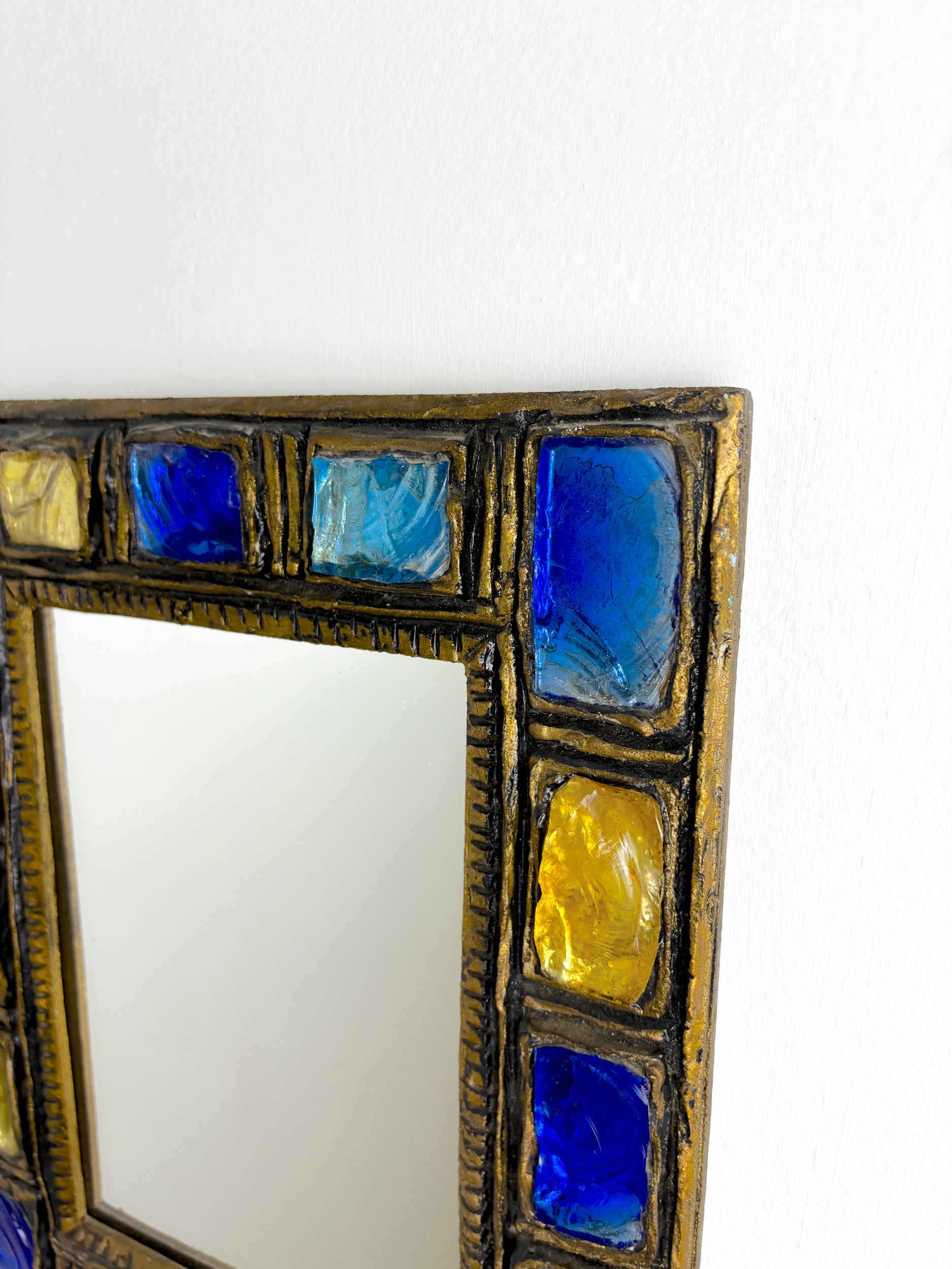 Italian Mid-Century Mirror by Creaciones Gobesso, Blue & Yellow Murano Rock Crystals, Circa 1960's